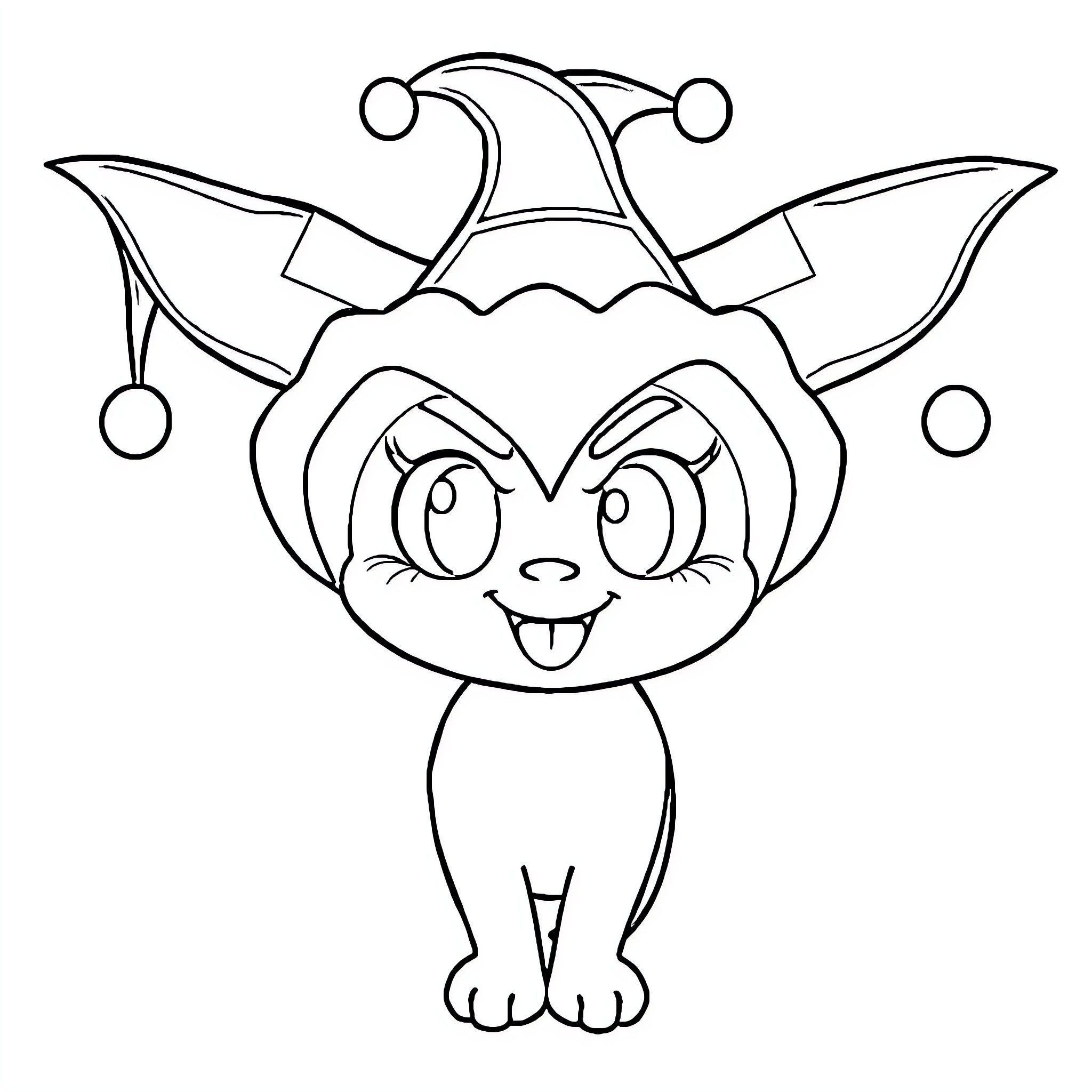 Kuromi dressed in a jester costume Coloring Page (free black-and-white line drawing printable PDF for all, from beginners to advanced learners, including children, teens, adults, and seniors)