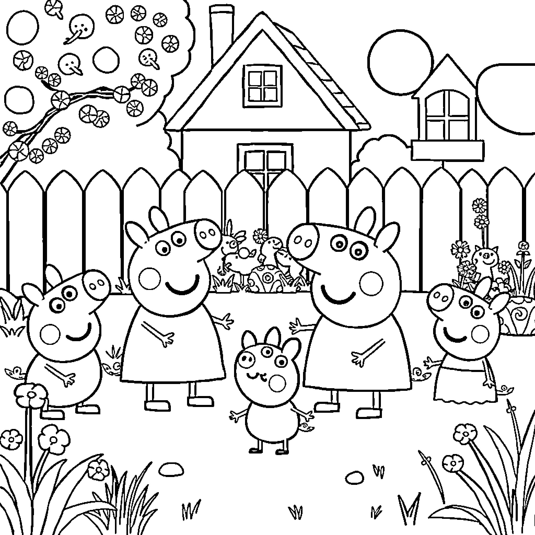 Peppa Pig family playing in the backyard Coloring Page (free black-and-white line drawing printable PDF for all, from beginners to advanced learners, including children, teens, adults, and seniors)