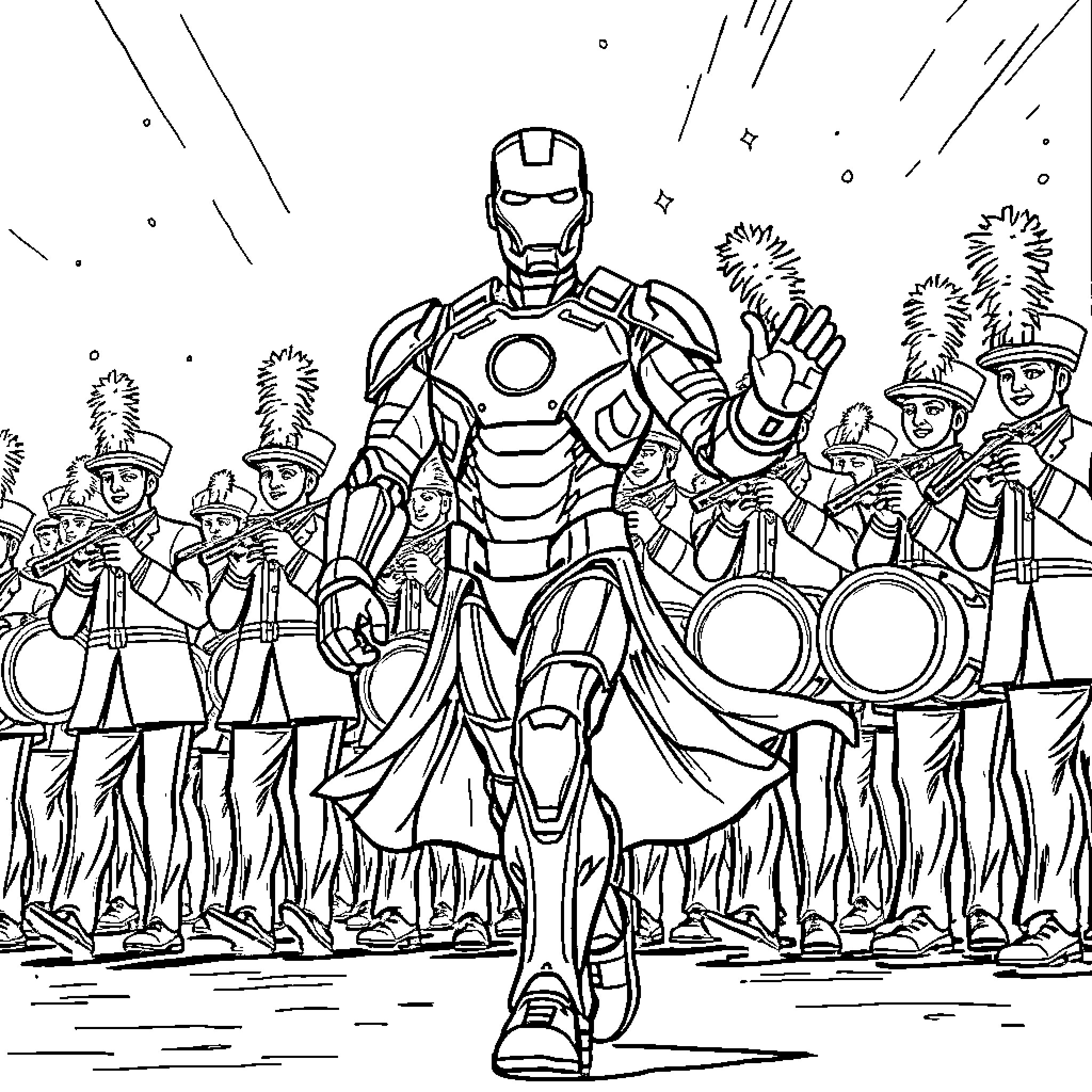 Ironman leading a marching band in an epic parade Coloring Page (free black-and-white line drawing printable PDF for all, from beginners to advanced learners, including children, teens, adults, and seniors)