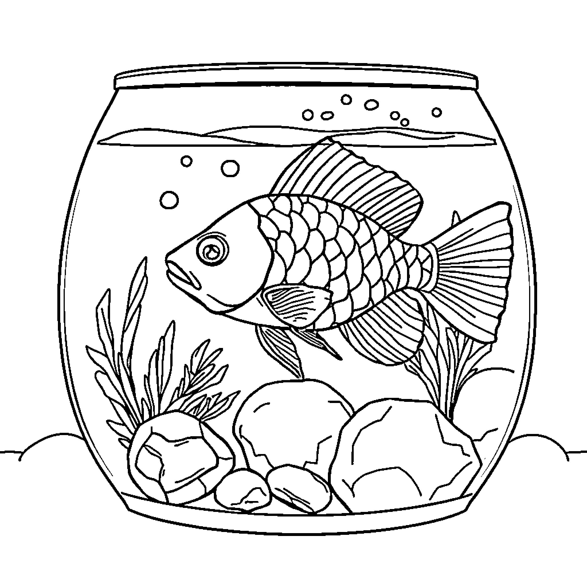 Fish swimming in a glass fishbowl Coloring Page (free black-and-white line drawing printable PDF for all, from beginners to advanced learners, including children, teens, adults, and seniors)