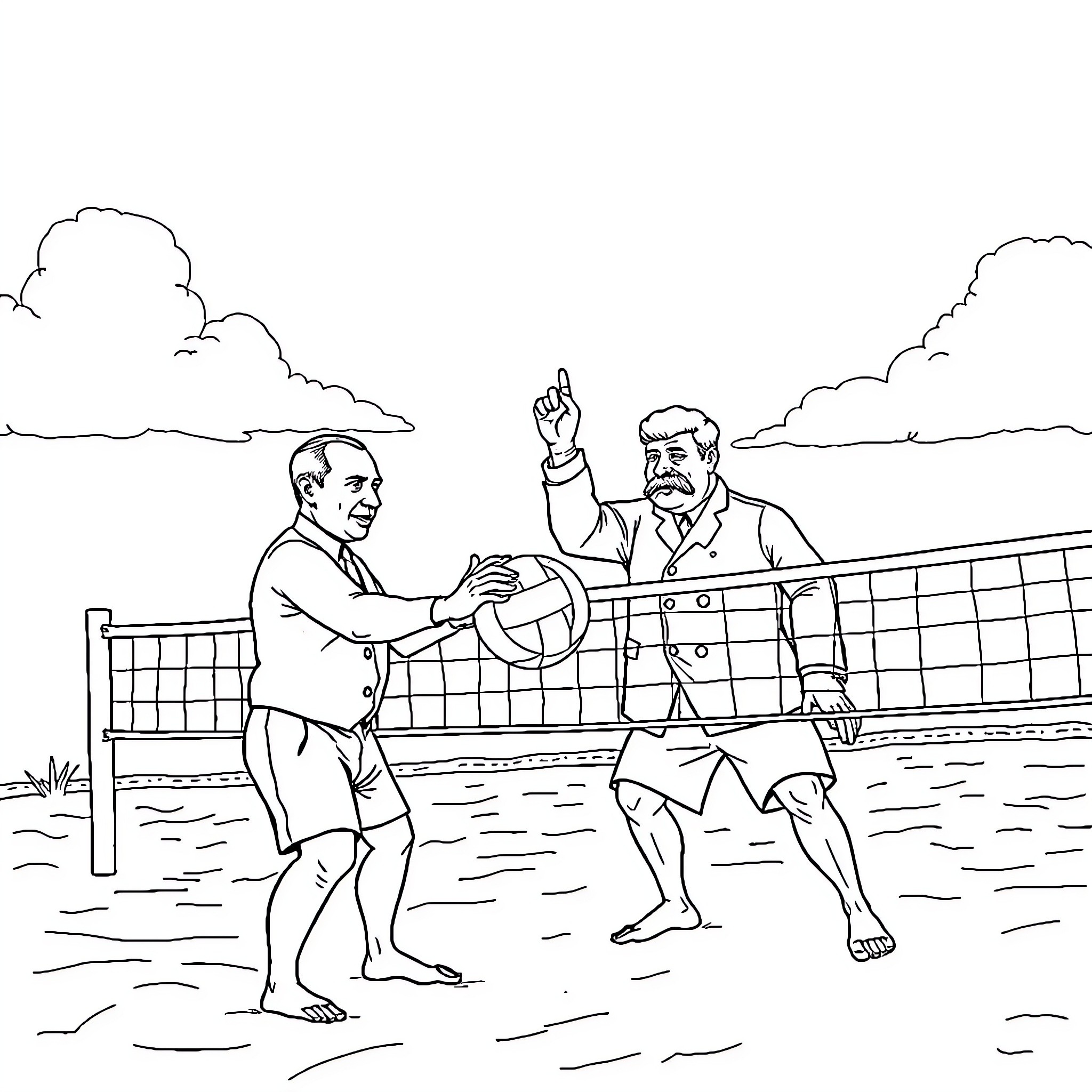 Putin's Political Volleyball Match Coloring Page (free black-and-white line drawing printable PDF for all, from beginners to advanced learners, including children, teens, adults, and seniors)