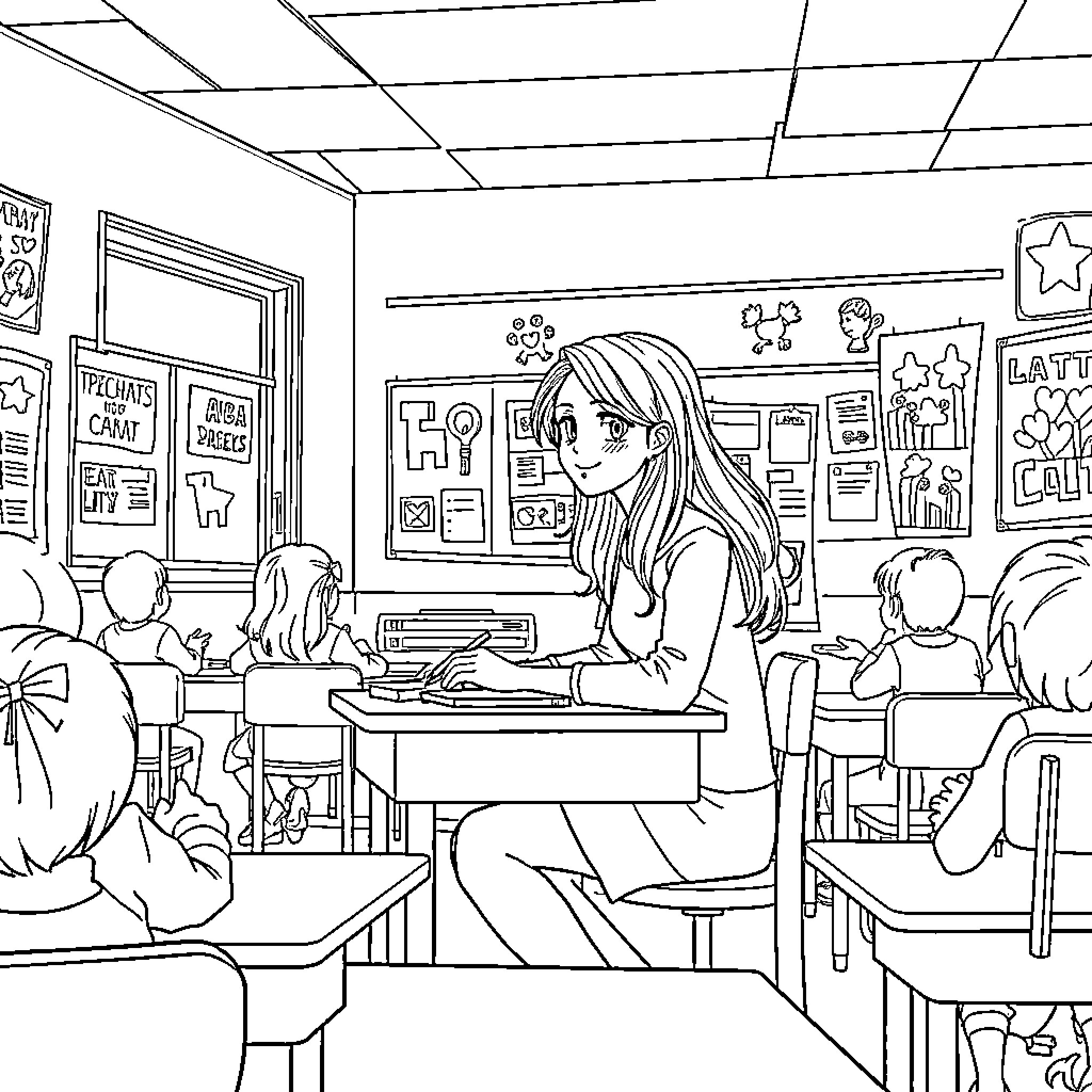 Rumi teaching students in a lively classroom Coloring Page (free black-and-white line drawing printable PDF for all, from beginners to advanced learners, including children, teens, adults, and seniors)