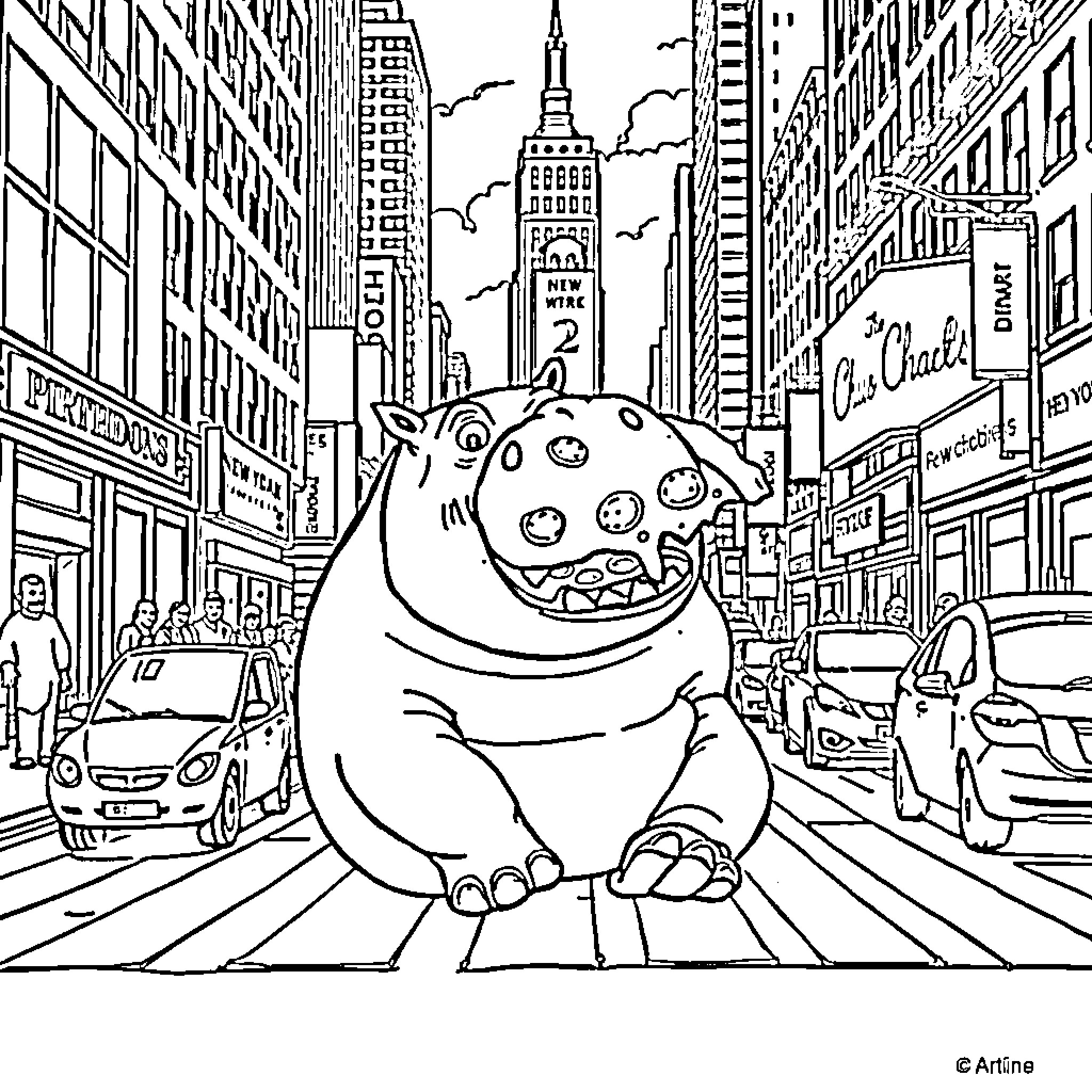 Hippo exploring the bustling city streets Coloring Page (free black-and-white line drawing printable PDF for all, from beginners to advanced learners, including children, teens, adults, and seniors)