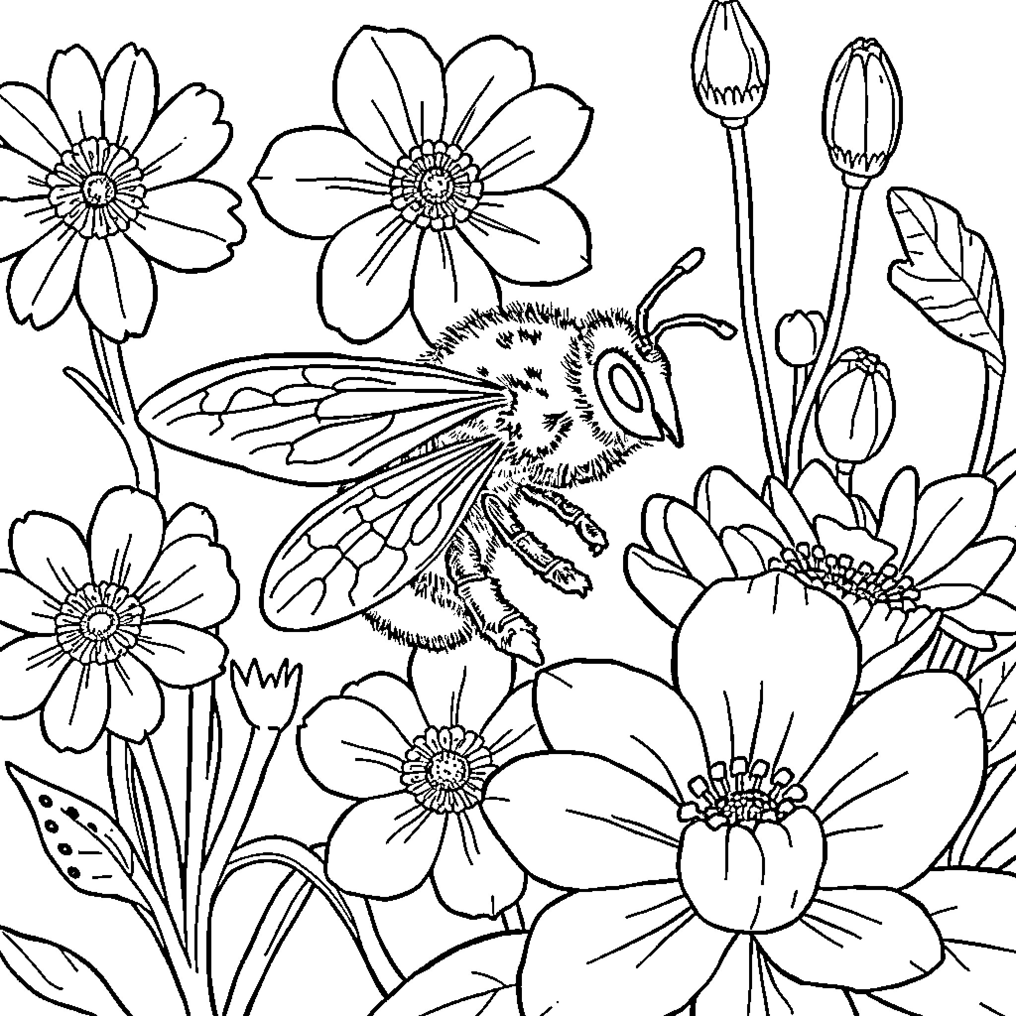 Bee pollinating beautiful flowers in the garden Coloring Page (free black-and-white line drawing printable PDF for all, from beginners to advanced learners, including children, teens, adults, and seniors)