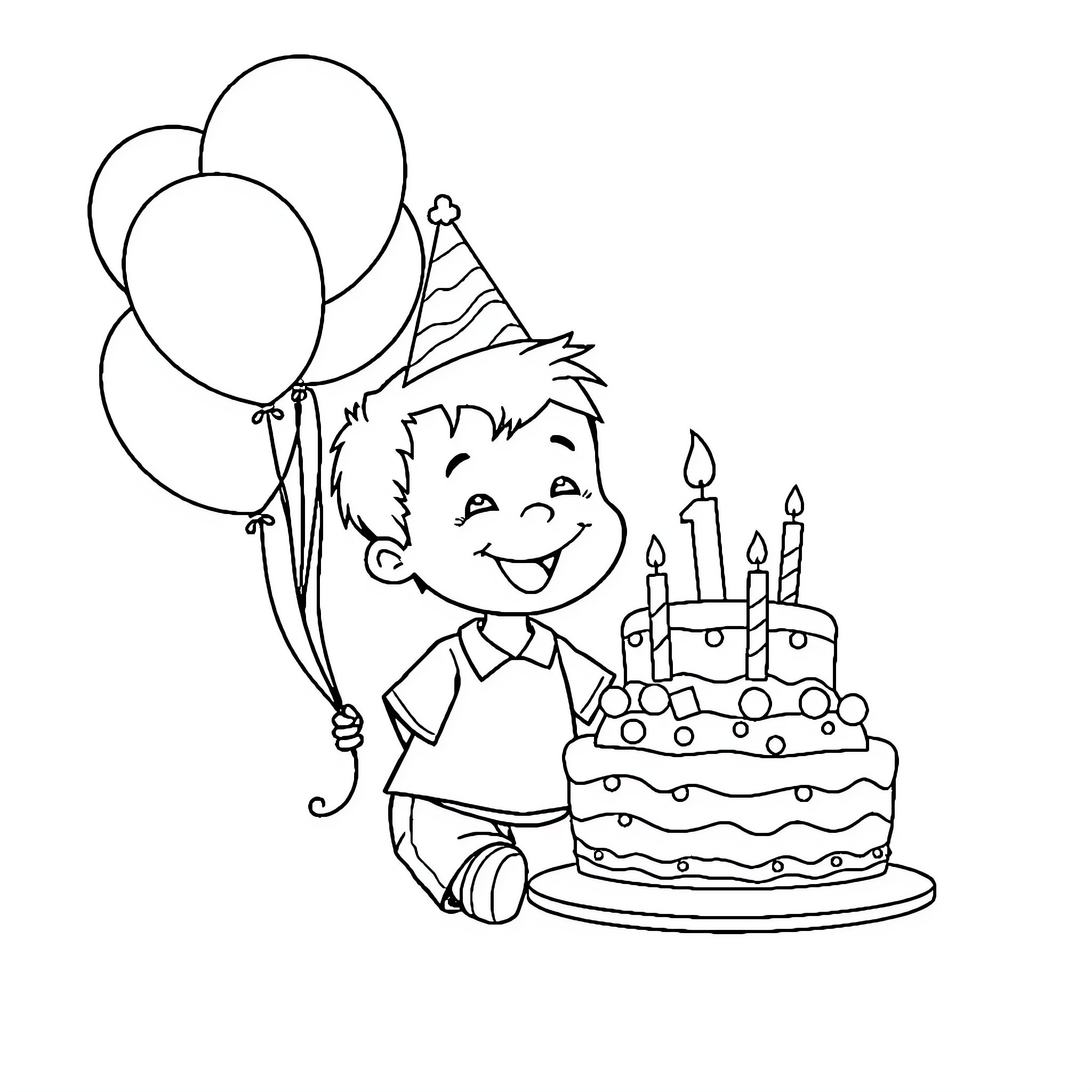 Birthday Boy Celebrating with Cake and Balloons Coloring Page (free black-and-white line drawing printable PDF for all, from beginners to advanced learners, including children, teens, adults, and seniors)