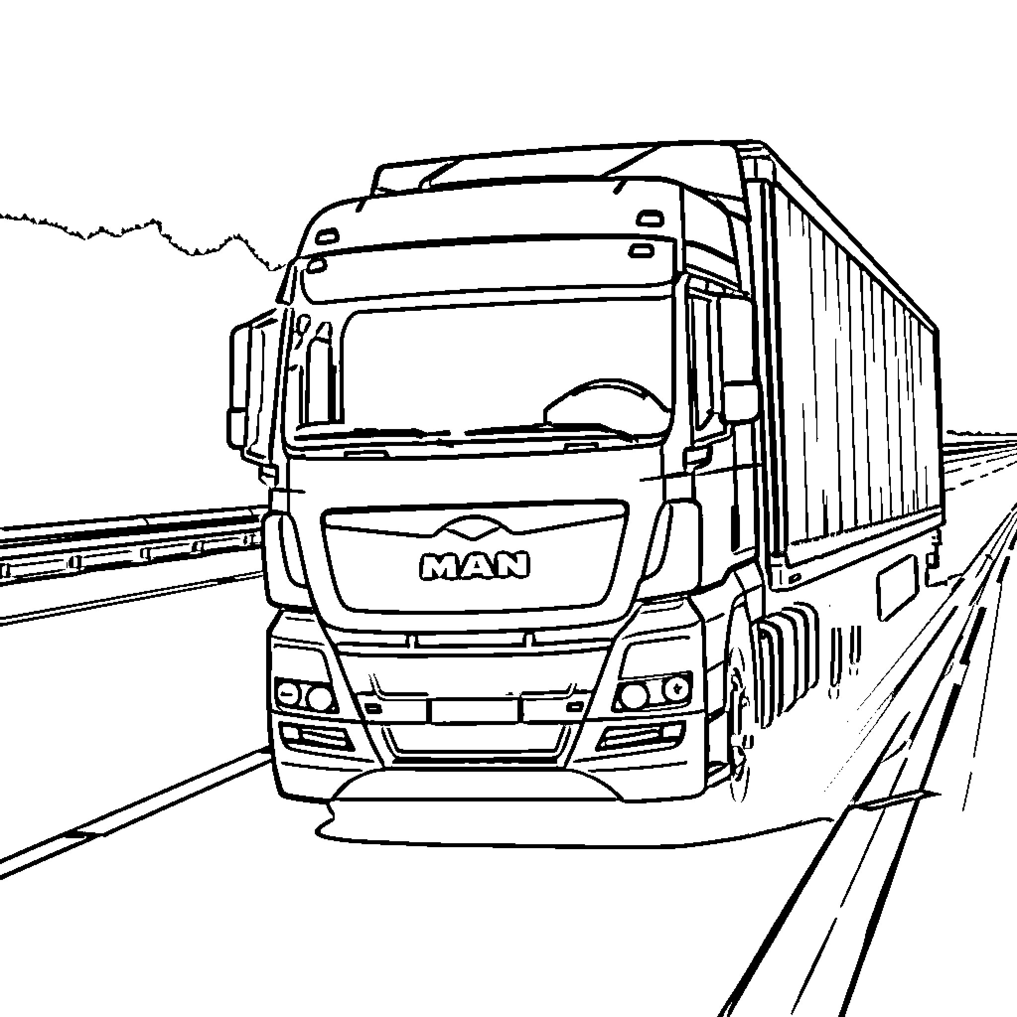 Truck transporting cargo on the highway Coloring Page (free black-and-white line drawing printable PDF for all, from beginners to advanced learners, including children, teens, adults, and seniors)