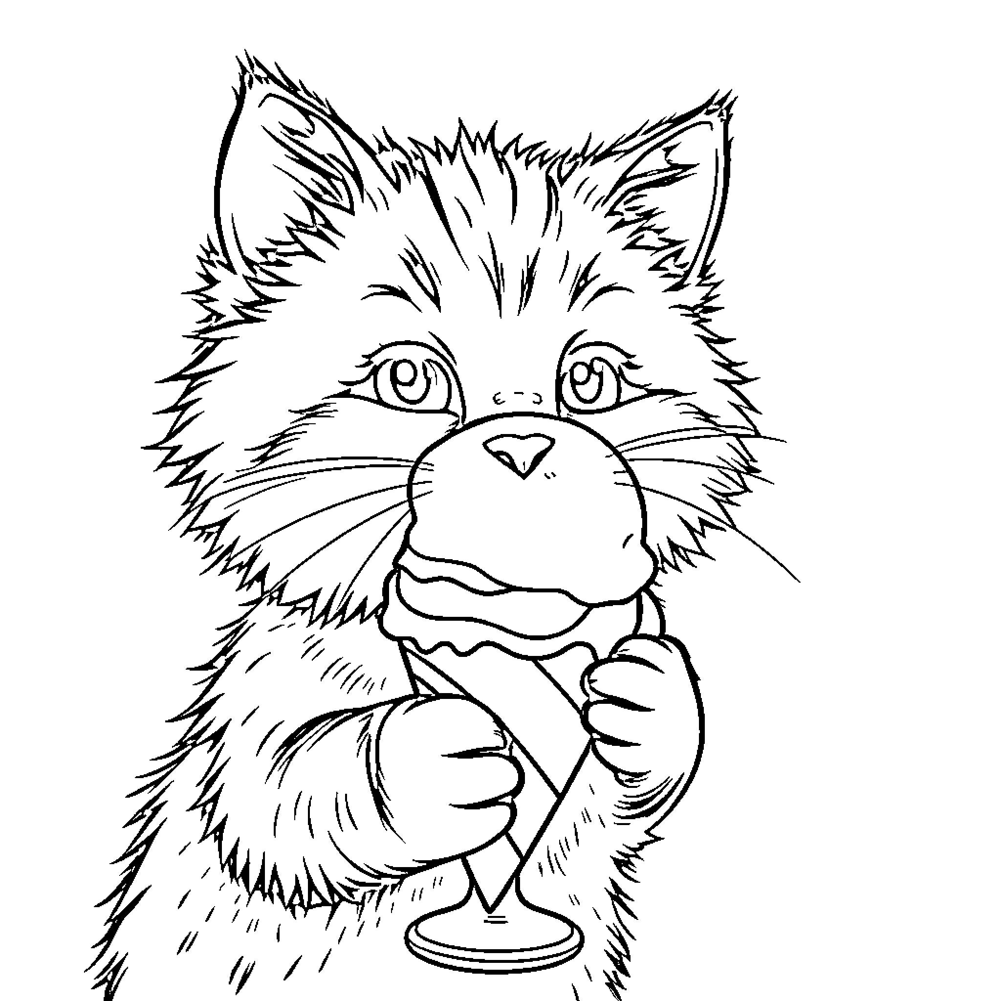 Cat enjoying a cold treat Coloring Page (free black-and-white line drawing printable PDF for all, from beginners to advanced learners, including children, teens, adults, and seniors)