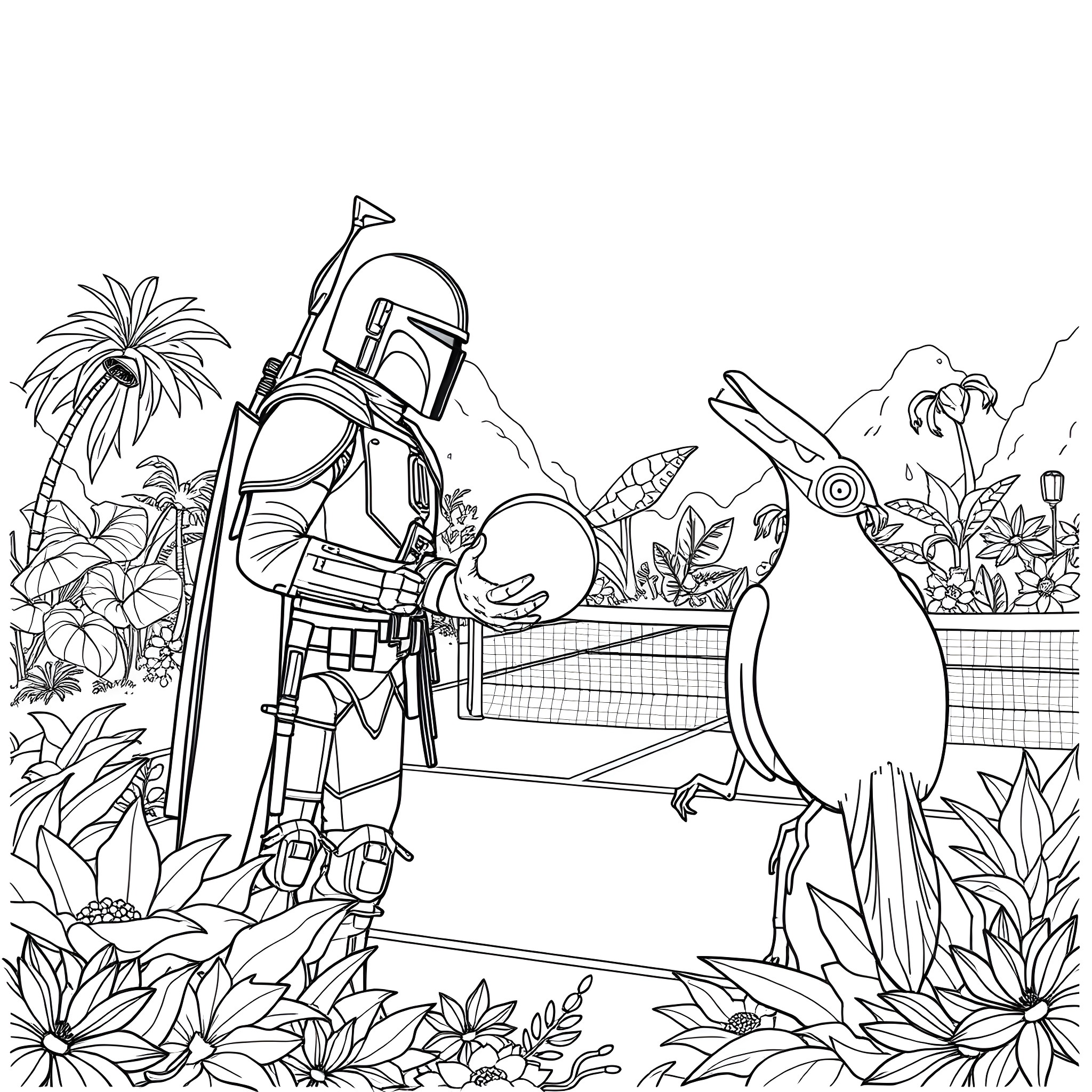 Mandalorian Warrior Encounters Curious Penguin in Tropical Setting Coloring Page (free black-and-white line drawing printable PDF for all, from beginners to advanced learners, including children, teens, adults, and seniors)