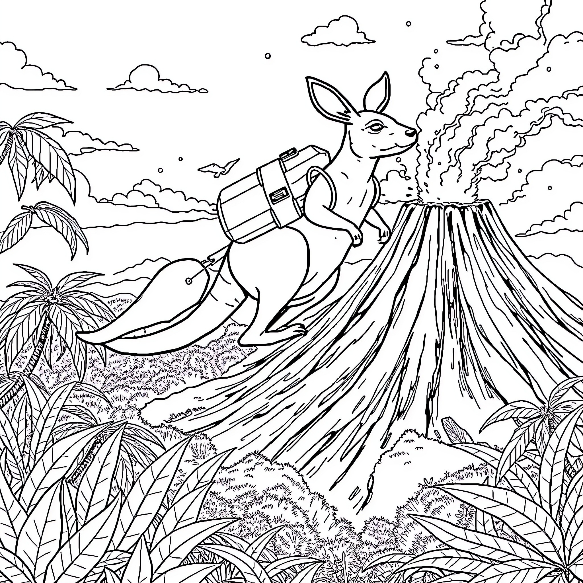 Kangaroo exploring volcanic landscape with backpack Coloring Page (free black-and-white line drawing printable PDF for all, from beginners to advanced learners, including children, teens, adults, and seniors)