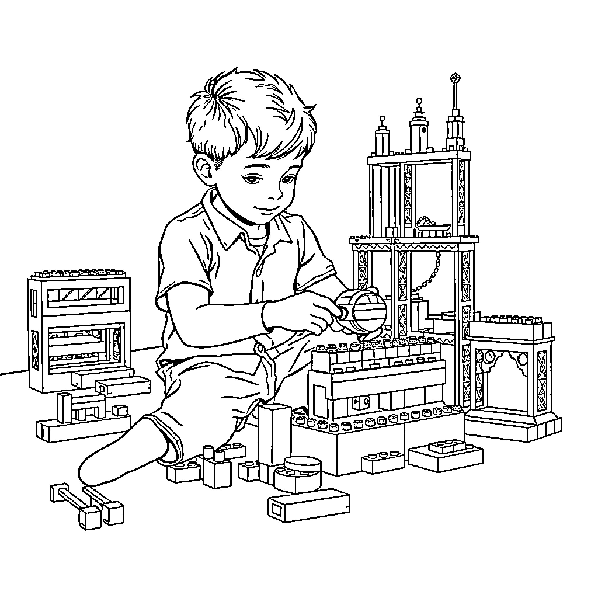 Hugo Building and Exploring Toy Castle Coloring Page (free black-and-white line drawing printable PDF for all, from beginners to advanced learners, including children, teens, adults, and seniors)