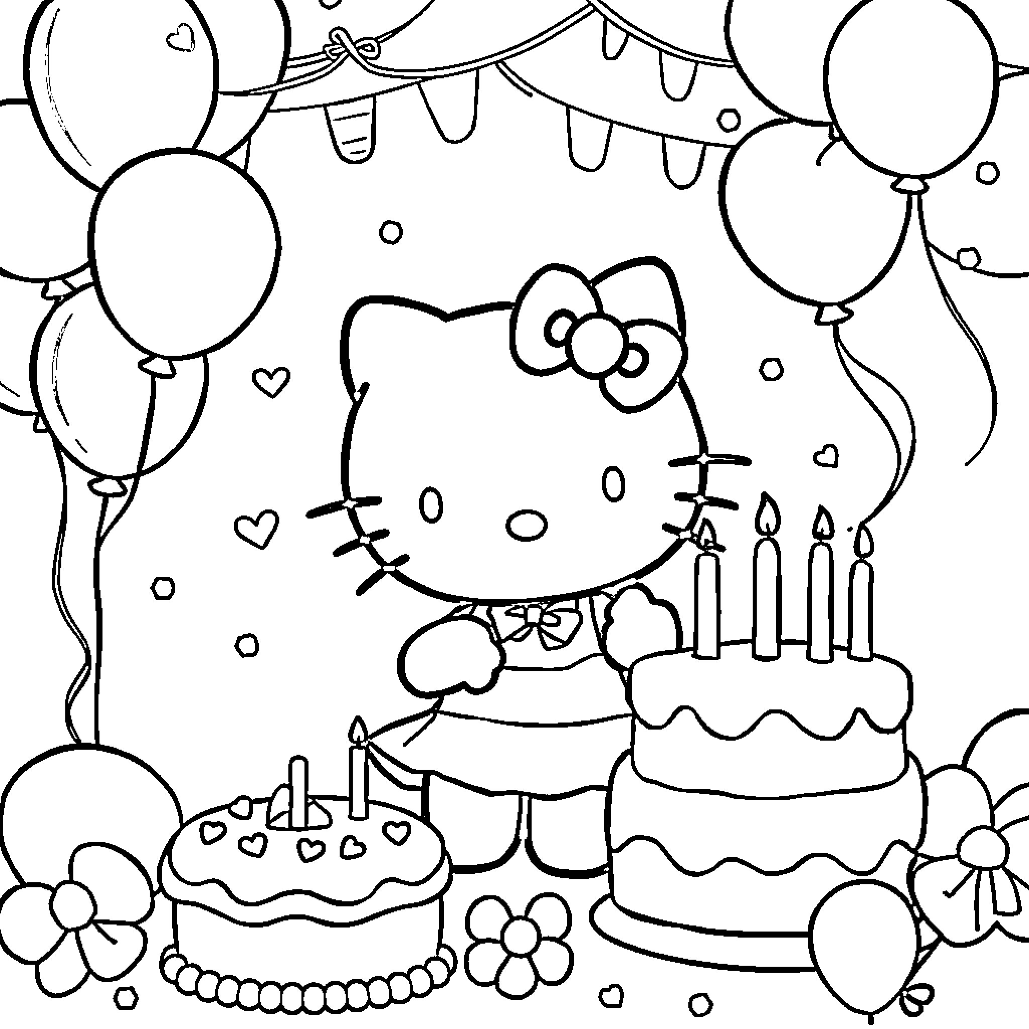 Hello Kitty Celebrates Birthday with Cakes and Balloons Coloring Page (free black-and-white line drawing printable PDF for all, from beginners to advanced learners, including children, teens, adults, and seniors)