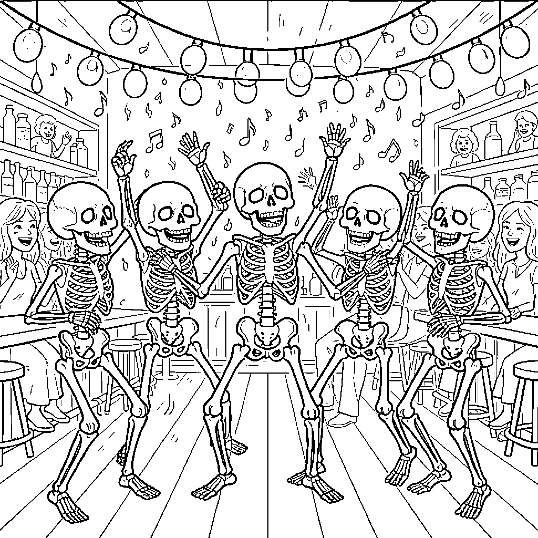 Skeleton Party Dancing and Celebrating Coloring Page (free black-and-white line drawing printable PDF for all, from beginners to advanced learners, including children, teens, adults, and seniors)