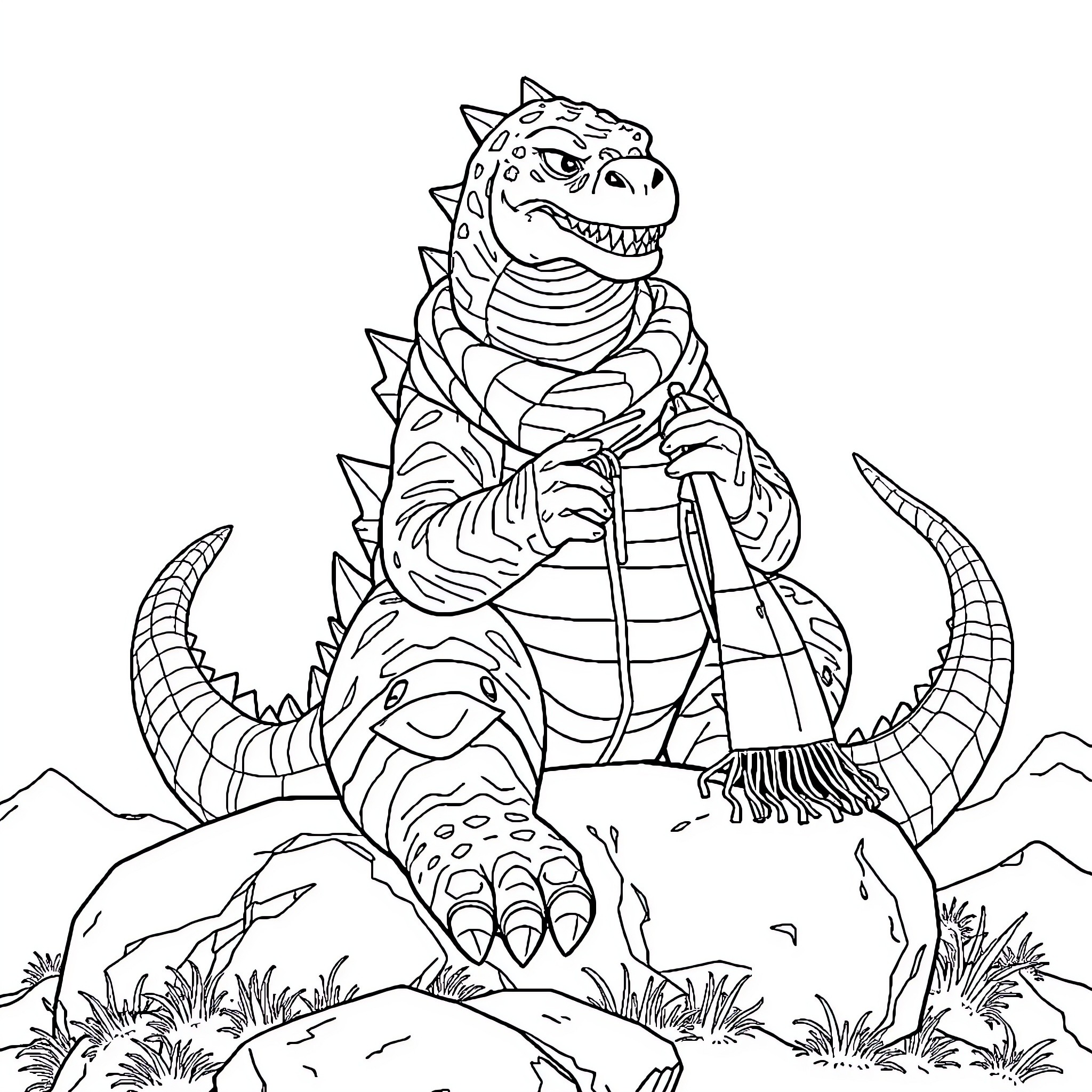 Godzilla in a Scarf and Striped Outfit Coloring Page (free black-and-white line drawing printable PDF for all, from beginners to advanced learners, including children, teens, adults, and seniors)