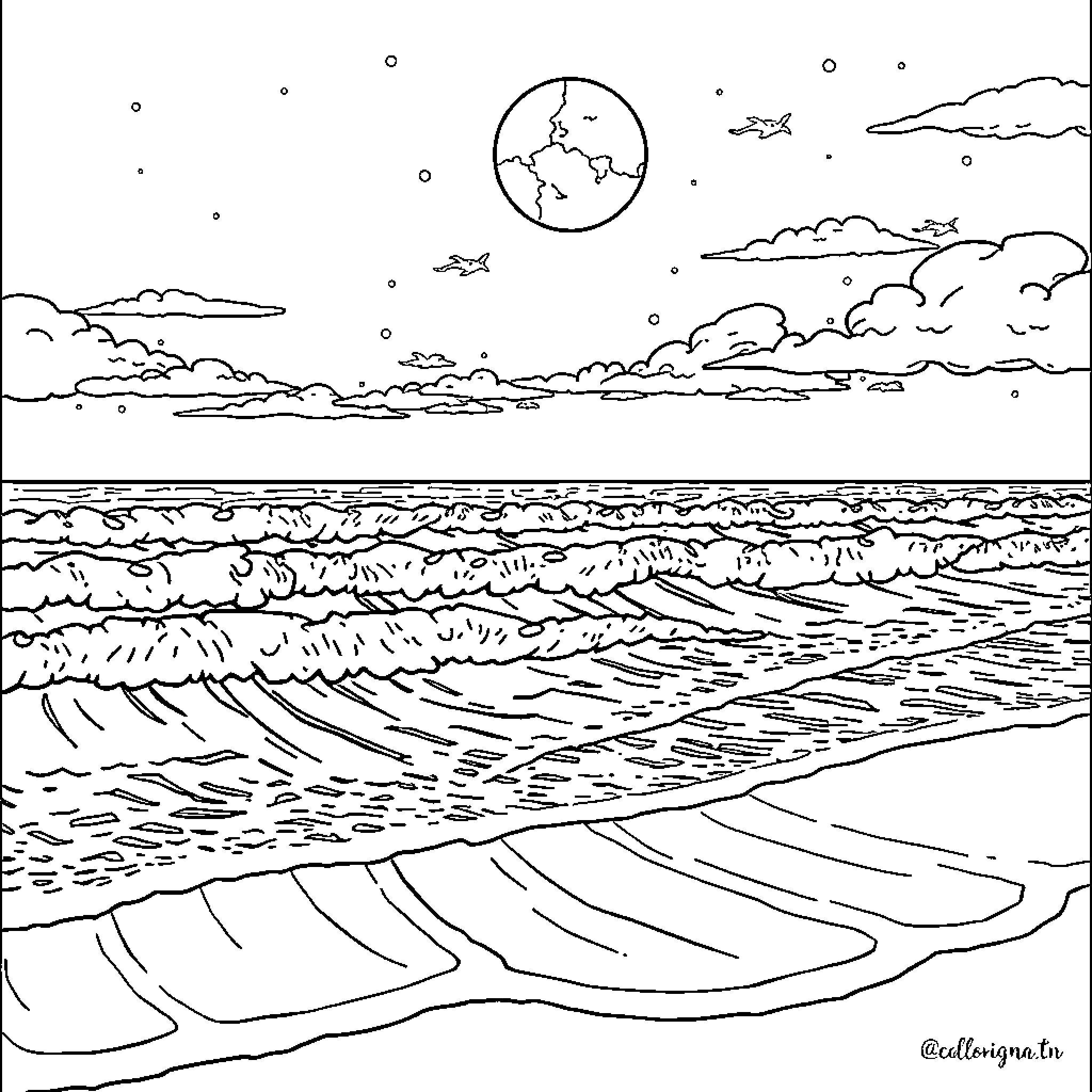 Beach scene with waves, clouds, and stars Coloring Page (free black-and-white line drawing printable PDF for all, from beginners to advanced learners, including children, teens, adults, and seniors)