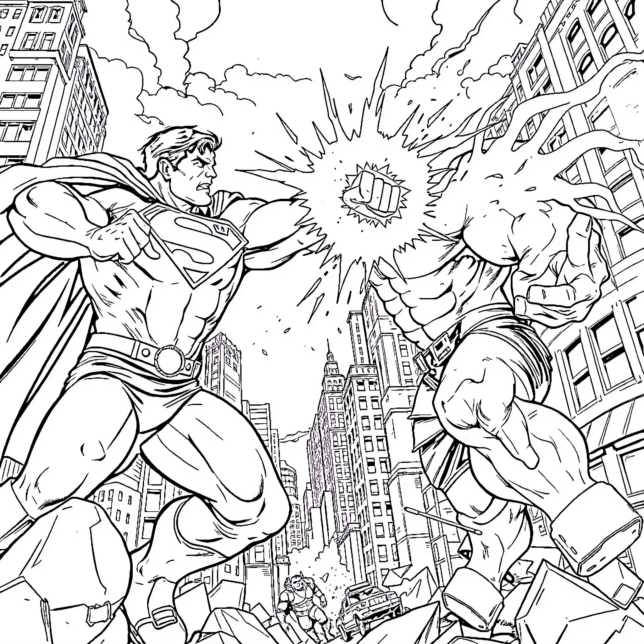 Superman battling a powerful enemy in the city Coloring Page (free black-and-white line drawing printable PDF for all, from beginners to advanced learners, including children, teens, adults, and seniors)