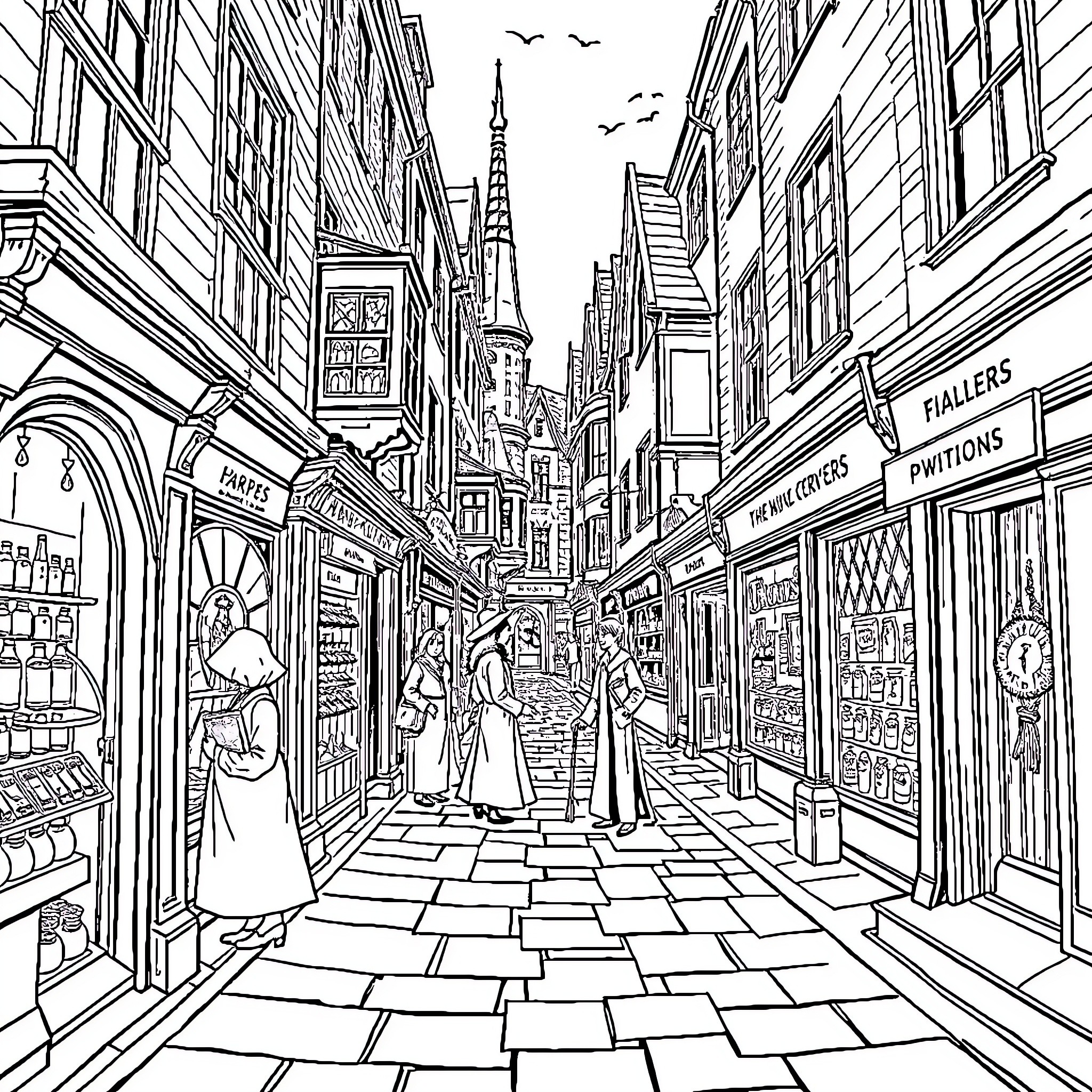 Diagon Alley: Bustling Wizarding Shops and Pedestrians Coloring Page (free black-and-white line drawing printable PDF for all, from beginners to advanced learners, including children, teens, adults, and seniors)