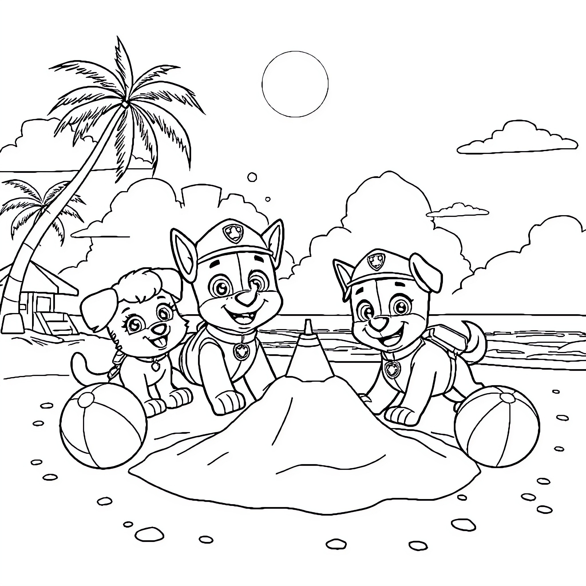 Paw Patrol team enjoying a beach adventure Coloring Page (free black-and-white line drawing printable PDF for all, from beginners to advanced learners, including children, teens, adults, and seniors)