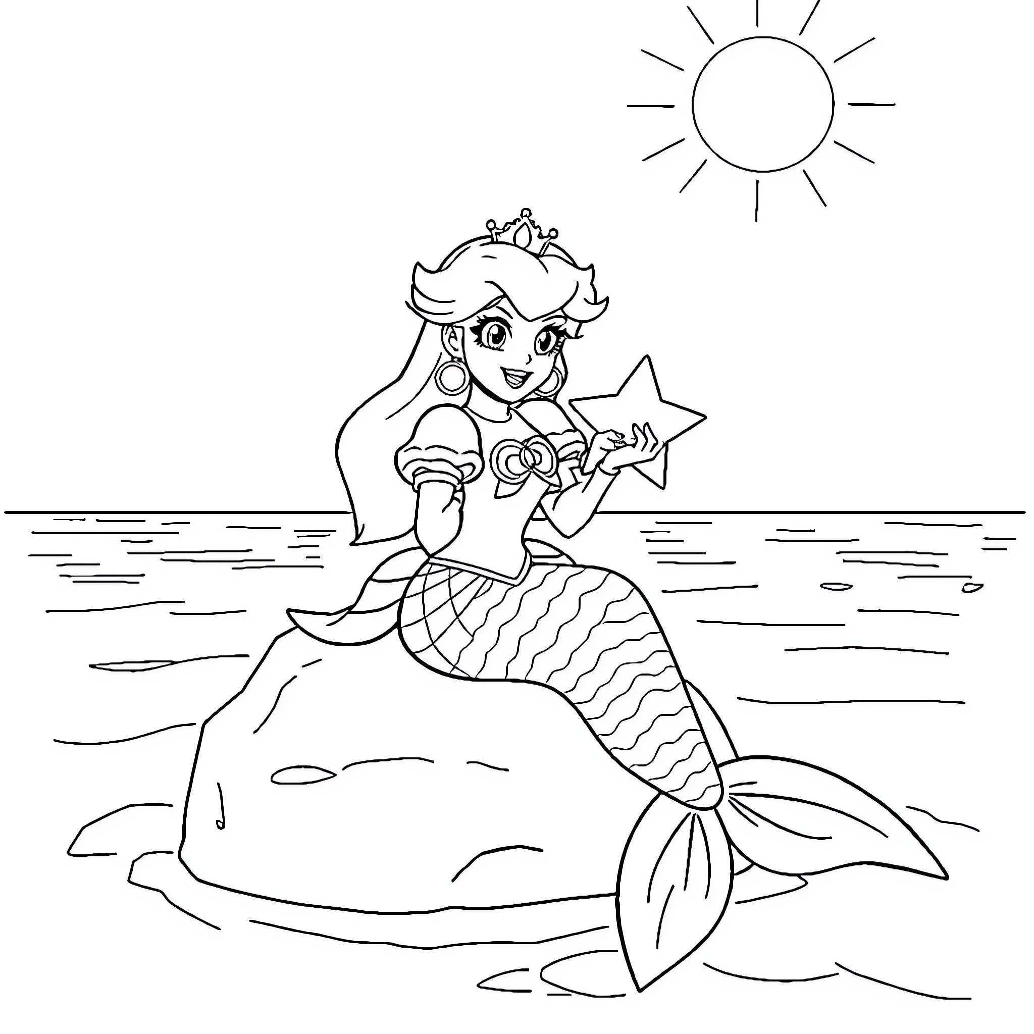 Princess Peach as a mermaid enjoying the beach Coloring Page (free black-and-white line drawing printable PDF for all, from beginners to advanced learners, including children, teens, adults, and seniors)