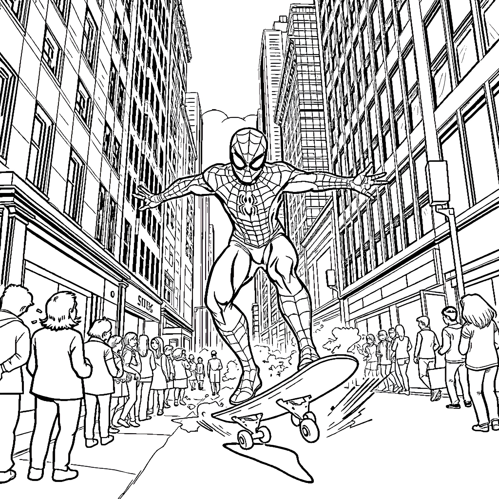 Spider-Man swinging through the city on a skateboard Coloring Page (free black-and-white line drawing printable PDF for all, from beginners to advanced learners, including children, teens, adults, and seniors)