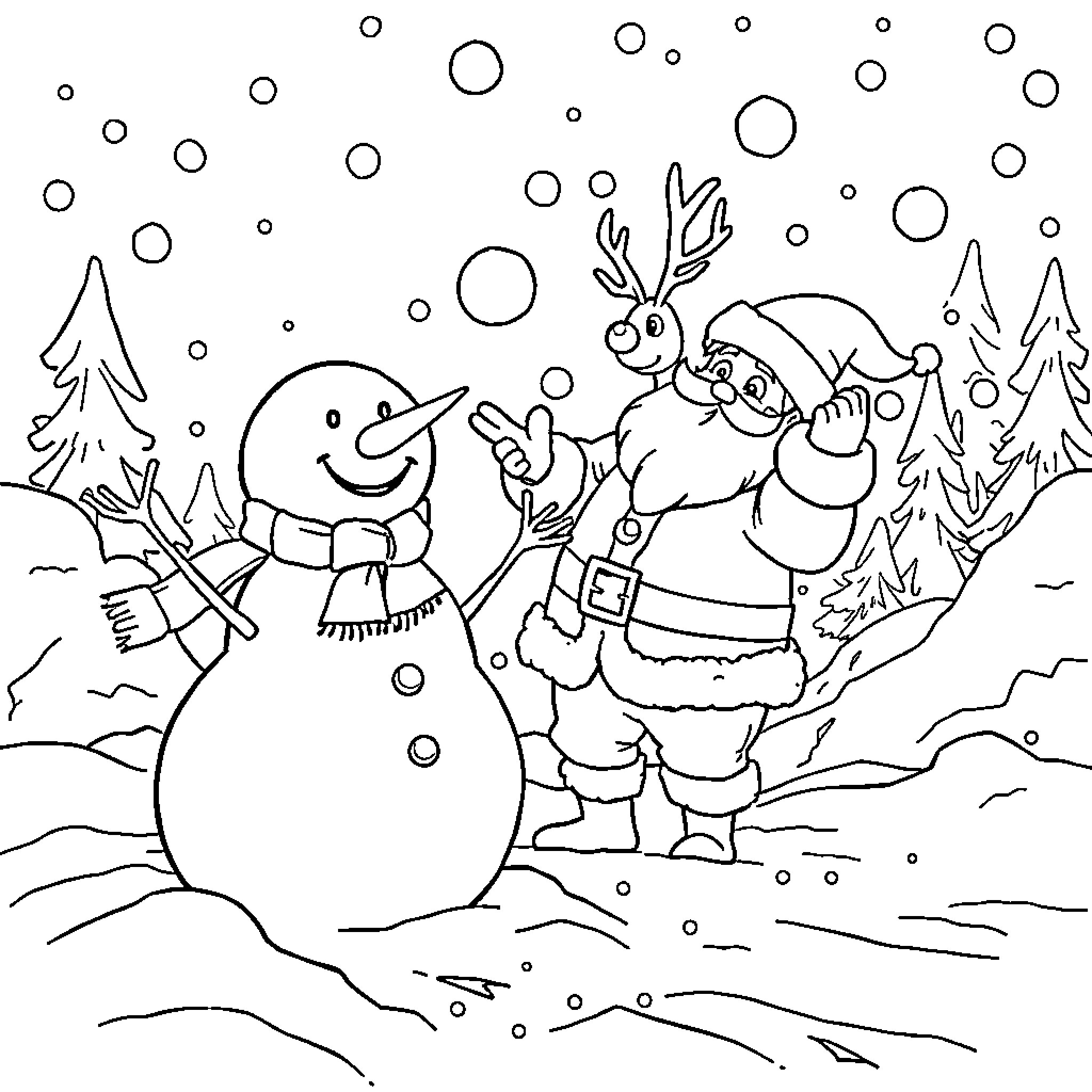 Snowman building in the Winter Wonderland Coloring Page (free black-and-white line drawing printable PDF for all, from beginners to advanced learners, including children, teens, adults, and seniors)