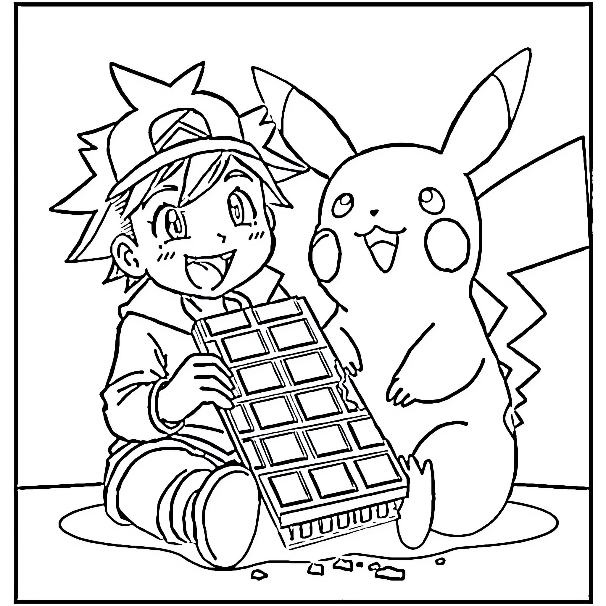 Pikachu and a boy having fun together Coloring Page (free black-and-white line drawing printable PDF for all, from beginners to advanced learners, including children, teens, adults, and seniors)