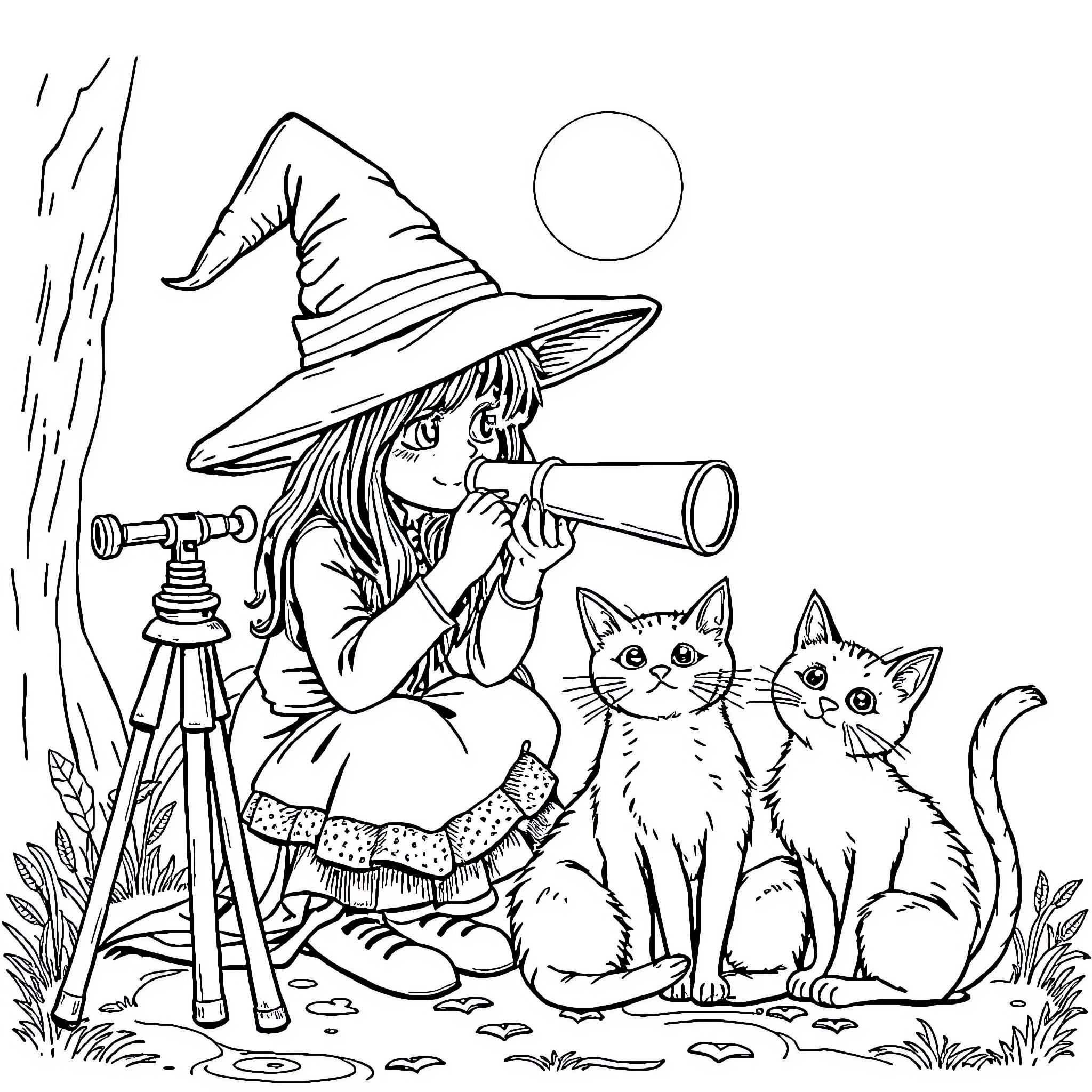 Witch's Whimsical Adventure with Feline Friends Coloring Page (free black-and-white line drawing printable PDF for all, from beginners to advanced learners, including children, teens, adults, and seniors)