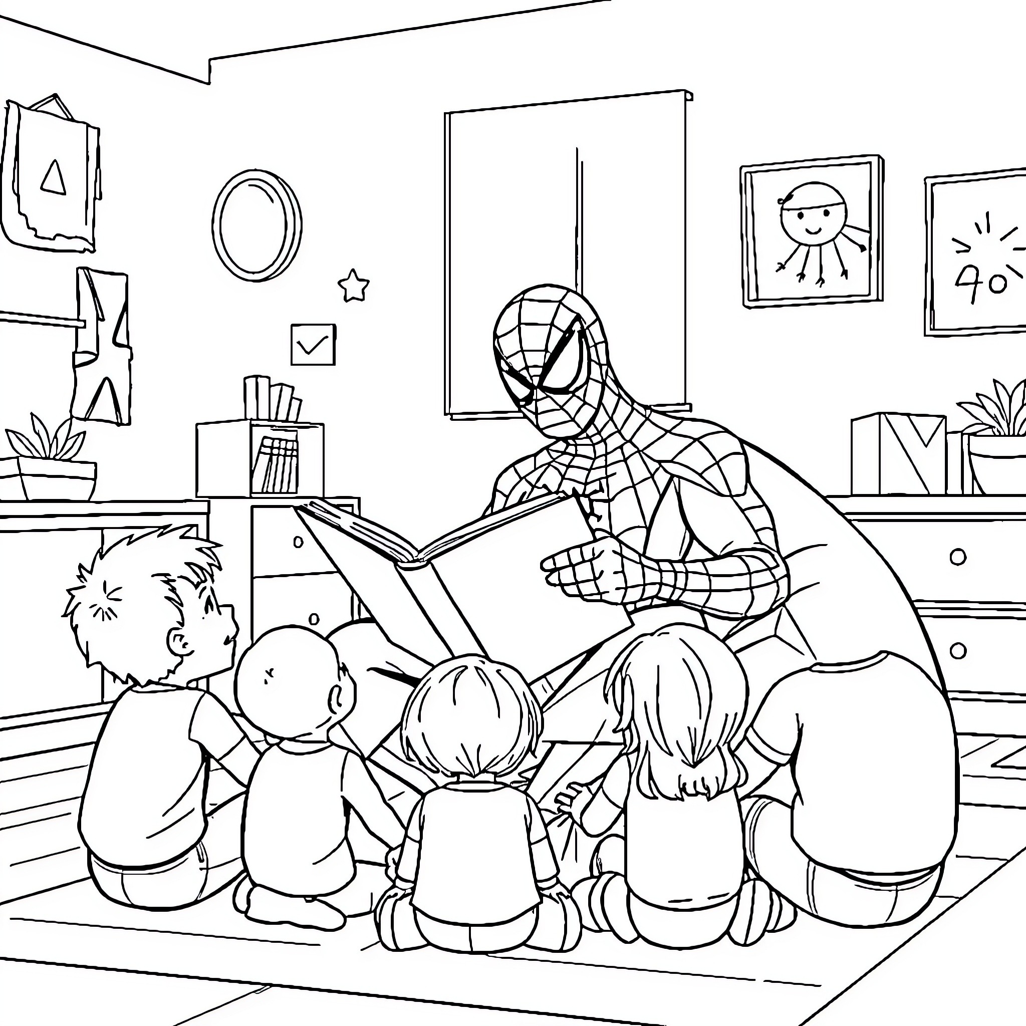 Spiderman reading to a group of children Coloring Page (free black-and-white line drawing printable PDF for all, from beginners to advanced learners, including children, teens, adults, and seniors)