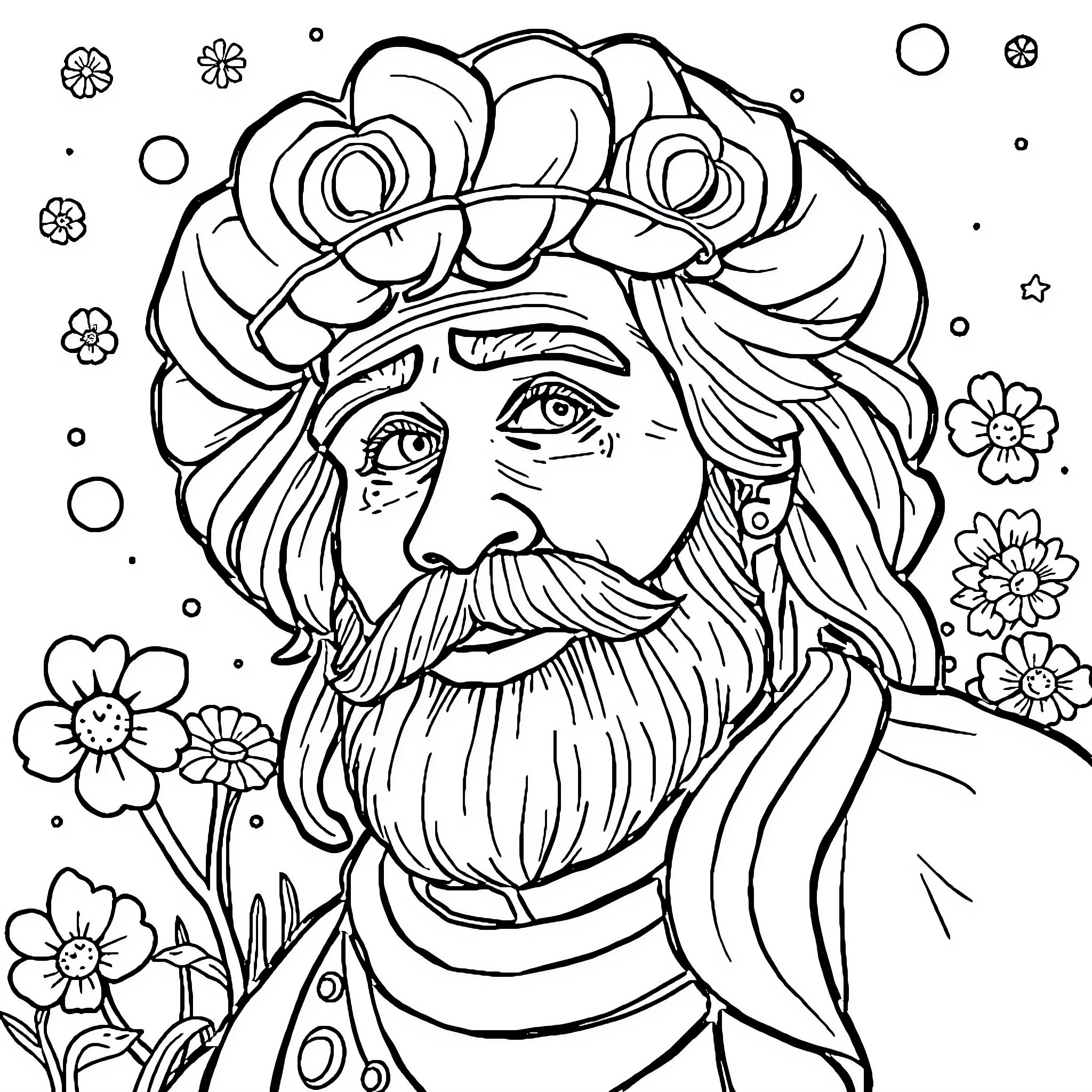 Folklore Portrait of a Whimsical Gentleman Coloring Page (free black-and-white line drawing printable PDF for all, from beginners to advanced learners, including children, teens, adults, and seniors)