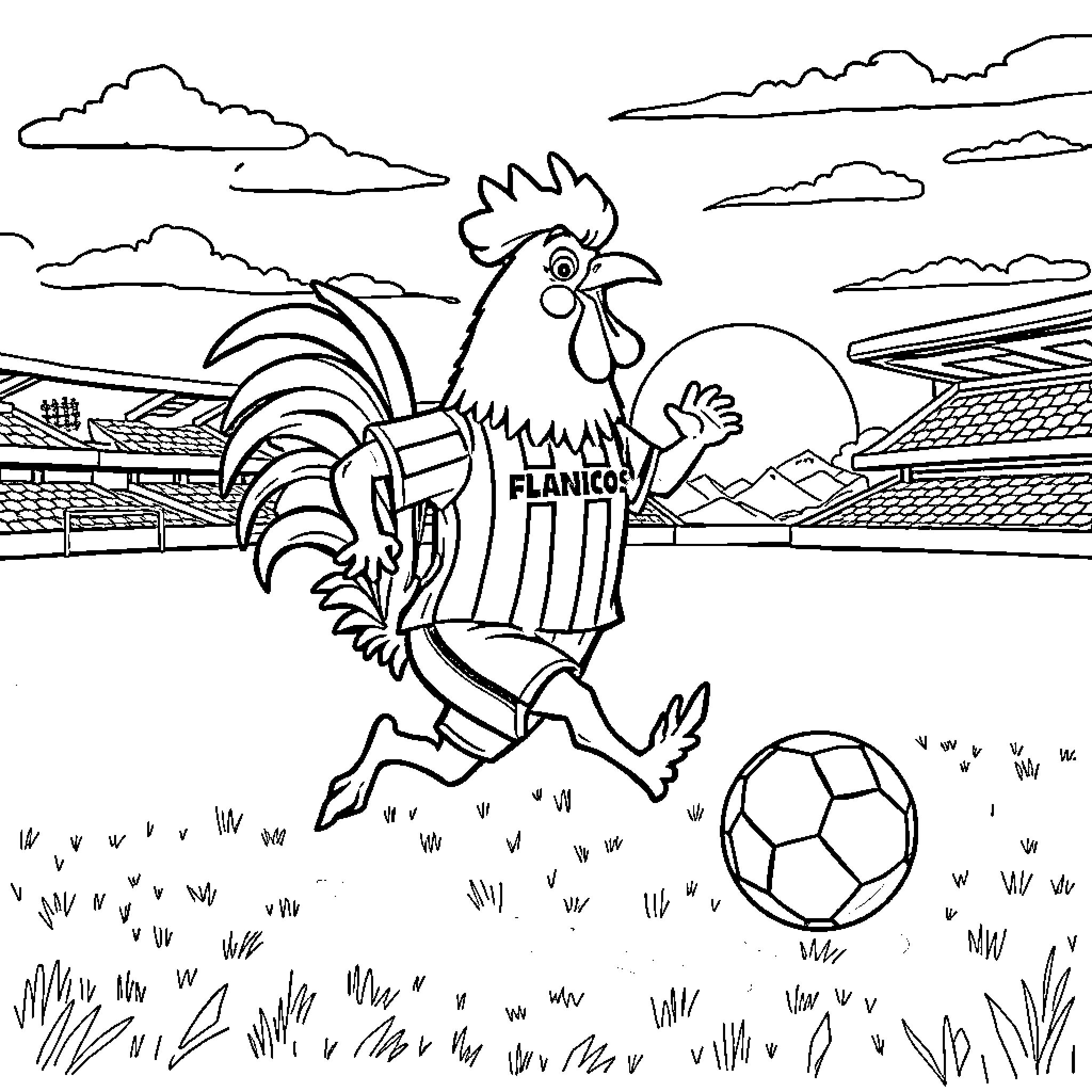 Chicken with Soccer Ball on the Field Coloring Page (free black-and-white line drawing printable PDF for all, from beginners to advanced learners, including children, teens, adults, and seniors)