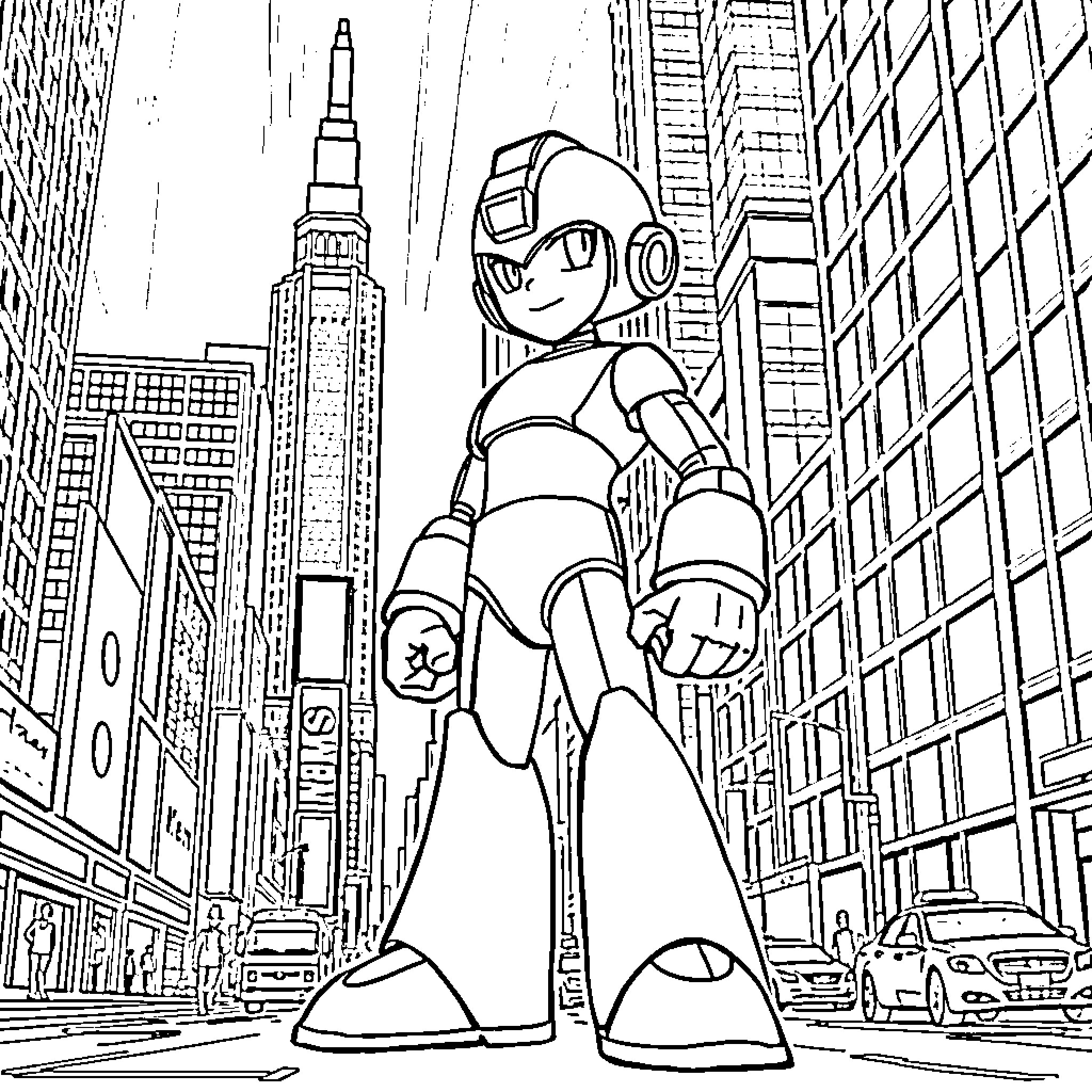 Megaman in the city on a mission Coloring Page (free black-and-white line drawing printable PDF for all, from beginners to advanced learners, including children, teens, adults, and seniors)
