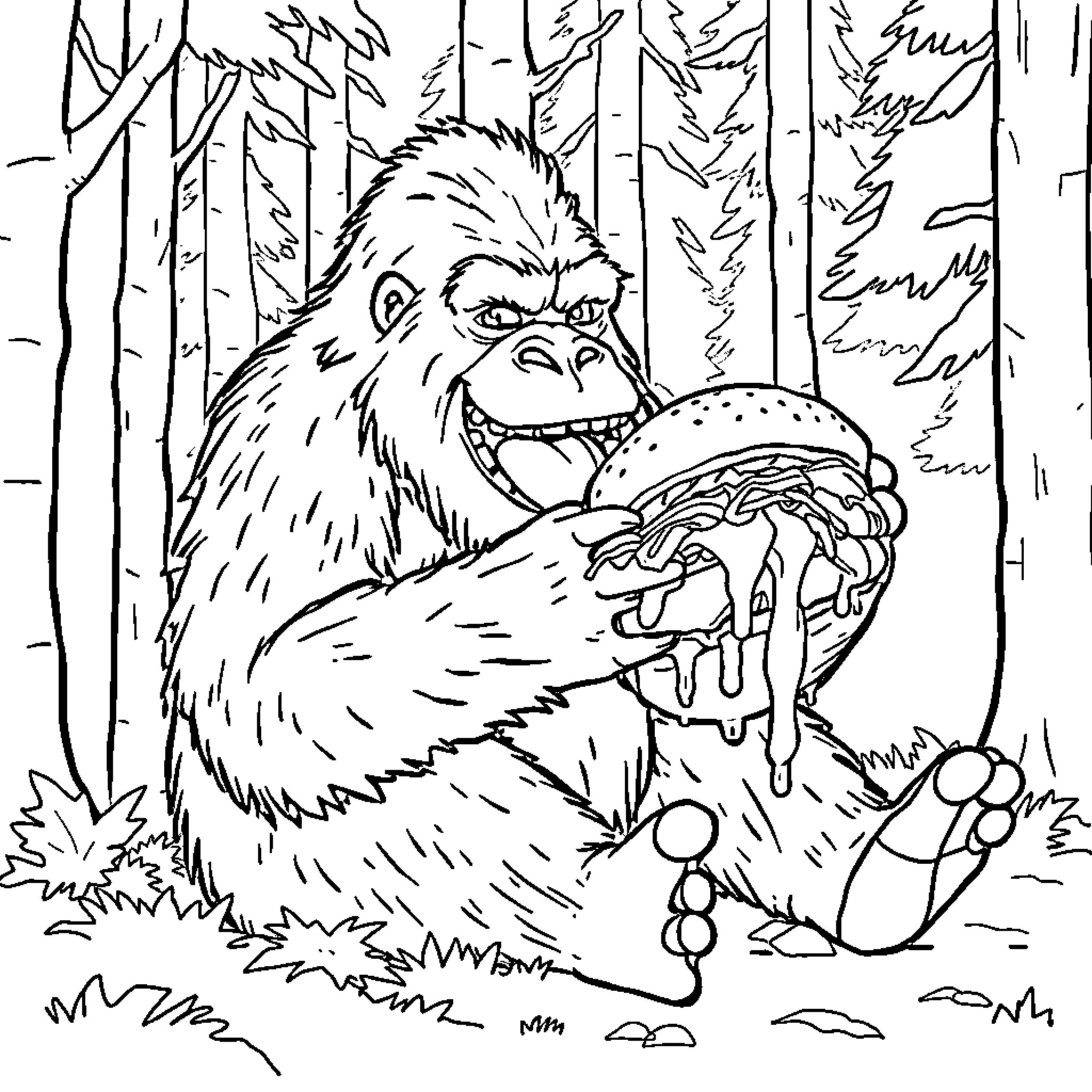 Bigfoot enjoying a messy meal in the forest Coloring Page (free black-and-white line drawing printable PDF for all, from beginners to advanced learners, including children, teens, adults, and seniors)