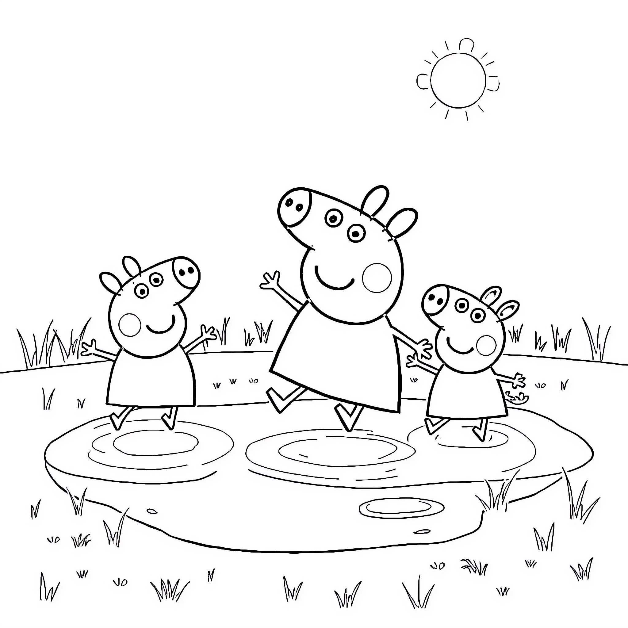 Peppa and her family playing outdoors Coloring Page (free black-and-white line drawing printable PDF for all, from beginners to advanced learners, including children, teens, adults, and seniors)