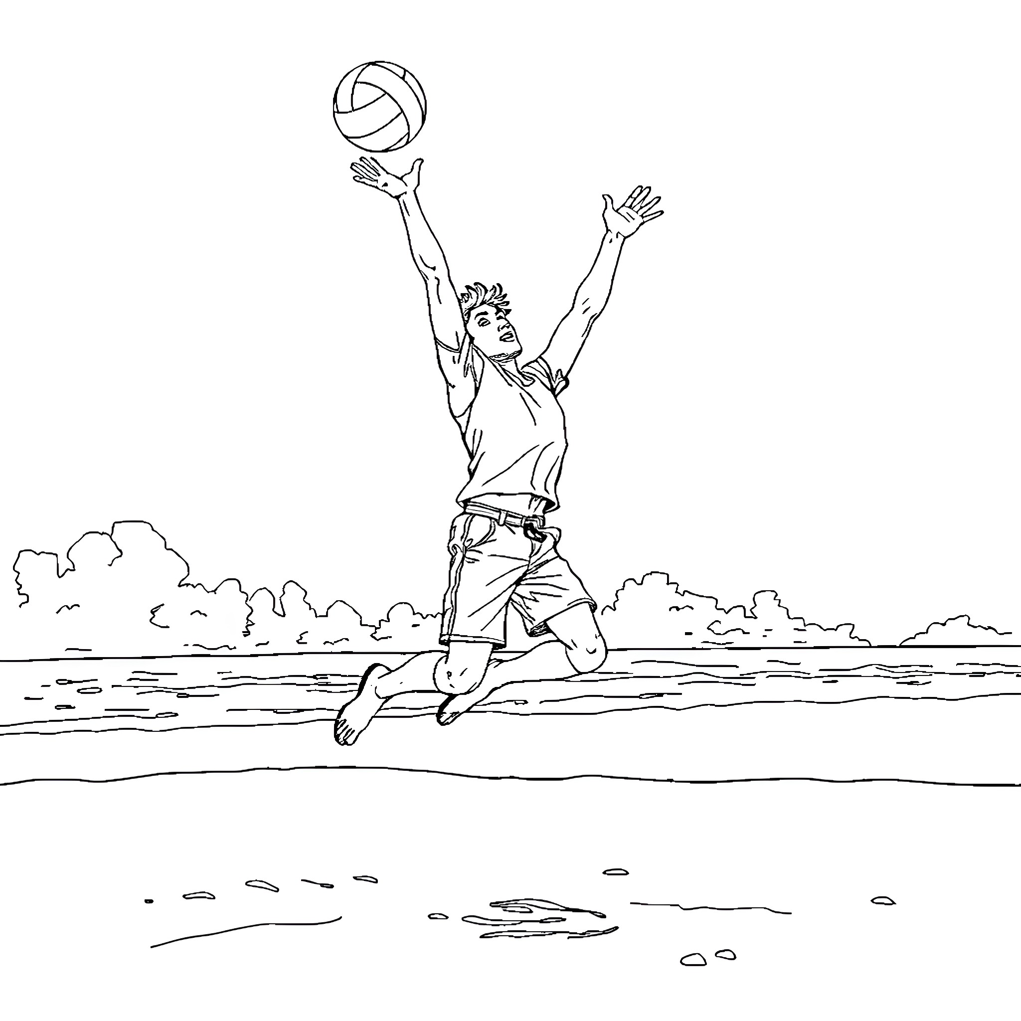 Andrew Glouberman jumping up to spike a volleyball Coloring Page (free black-and-white line drawing printable PDF for all, from beginners to advanced learners, including children, teens, adults, and seniors)