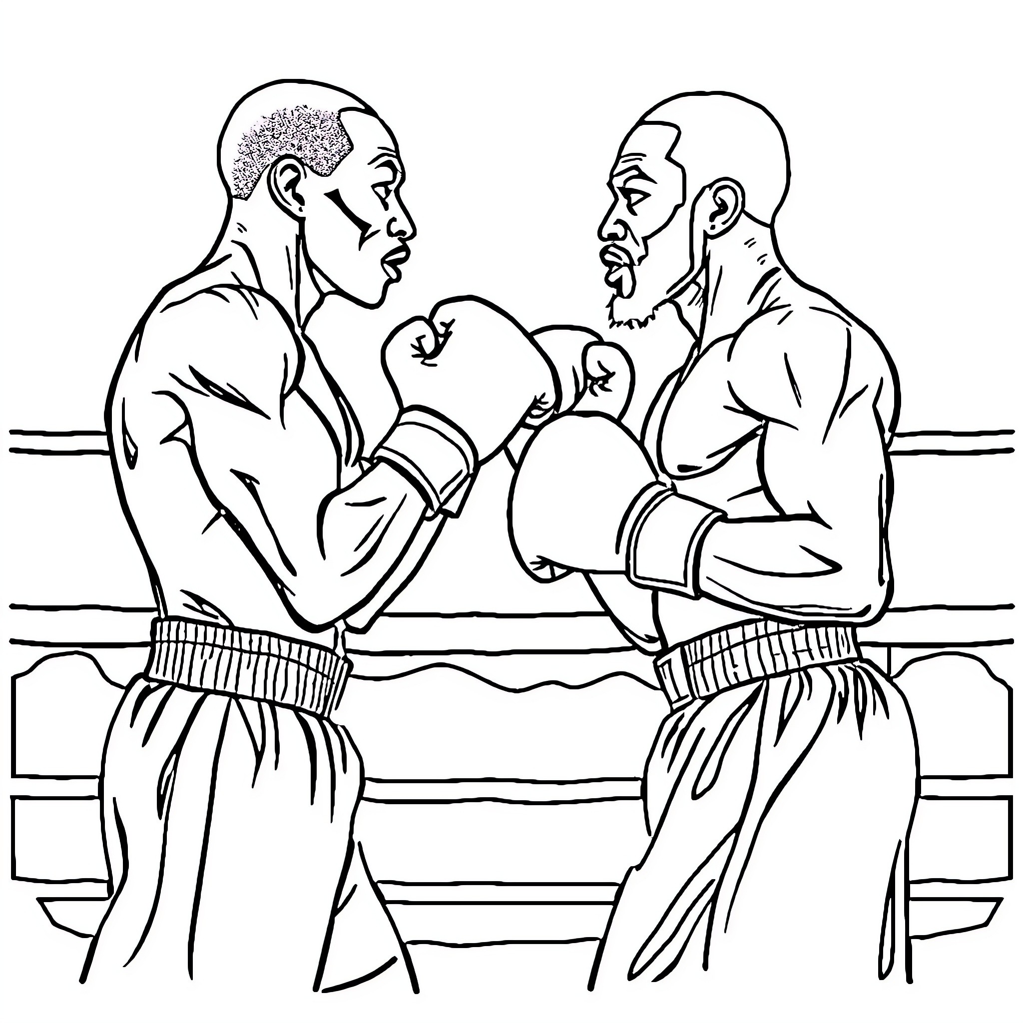 Boxe match between two opponents Coloring Page (free black-and-white line drawing printable PDF for all, from beginners to advanced learners, including children, teens, adults, and seniors)