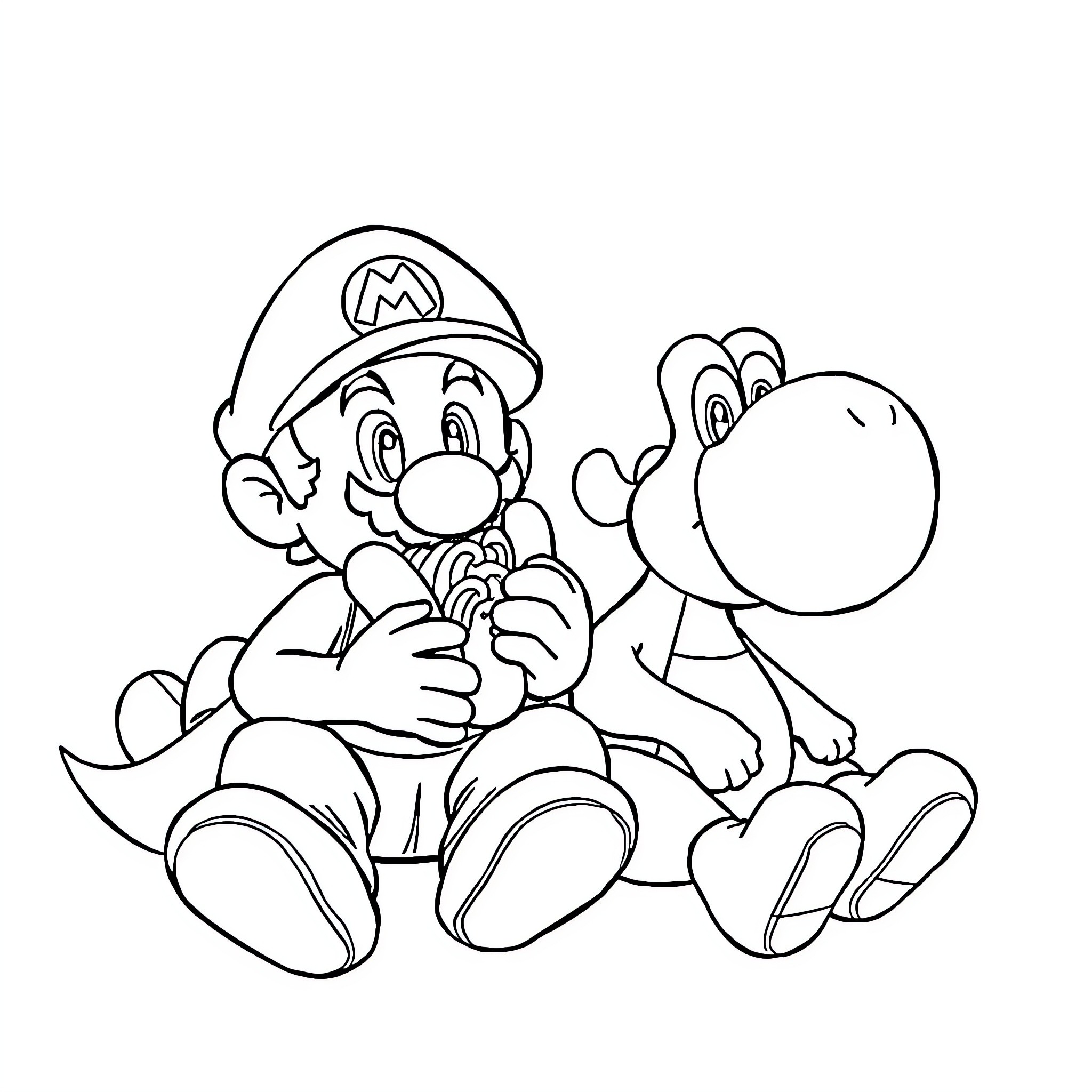 Mario and Yoshi Cheerfully Interacting Coloring Page (free black-and-white line drawing printable PDF for all, from beginners to advanced learners, including children, teens, adults, and seniors)