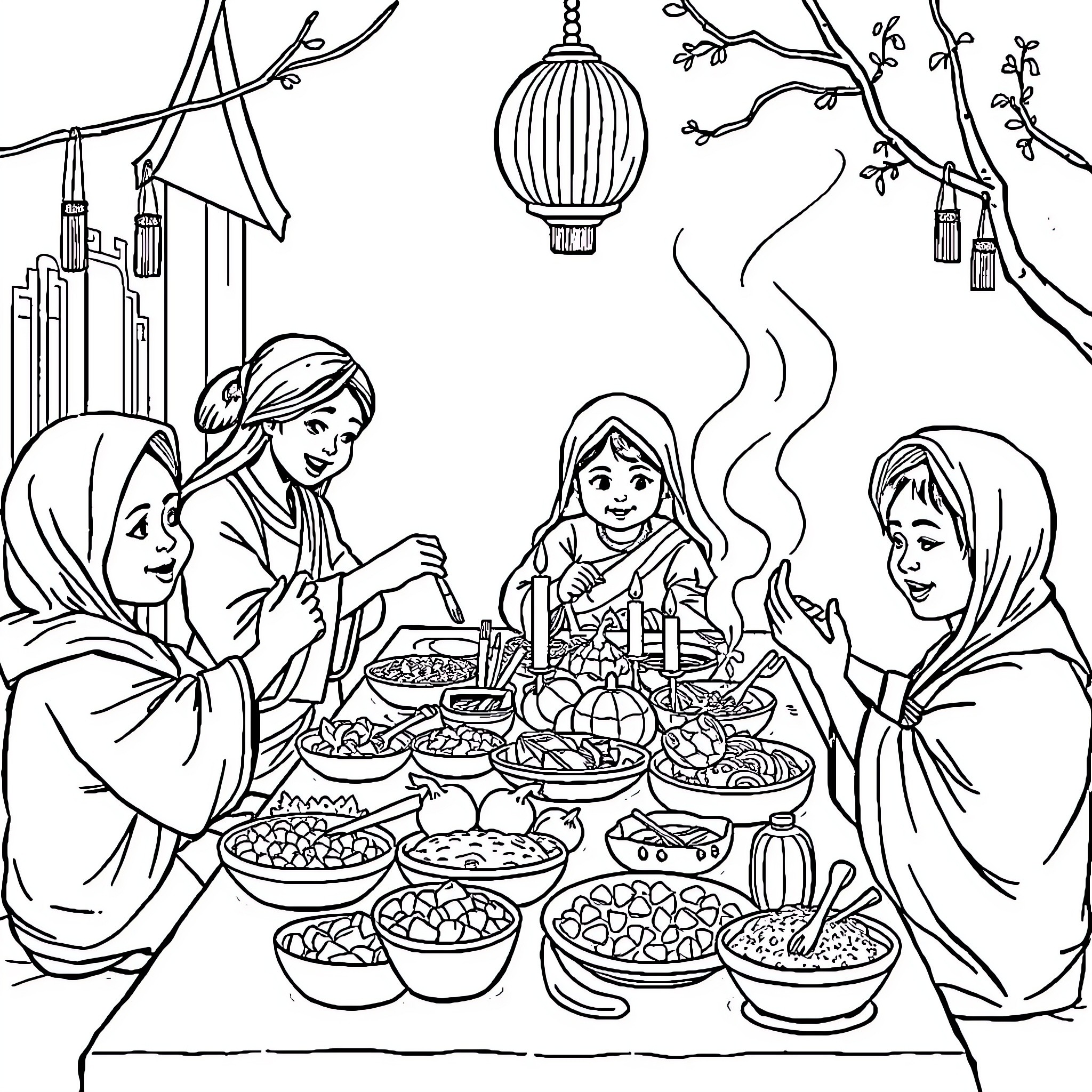 Tung Feast Celebration with Family Coloring Page (free black-and-white line drawing printable PDF for all, from beginners to advanced learners, including children, teens, adults, and seniors)