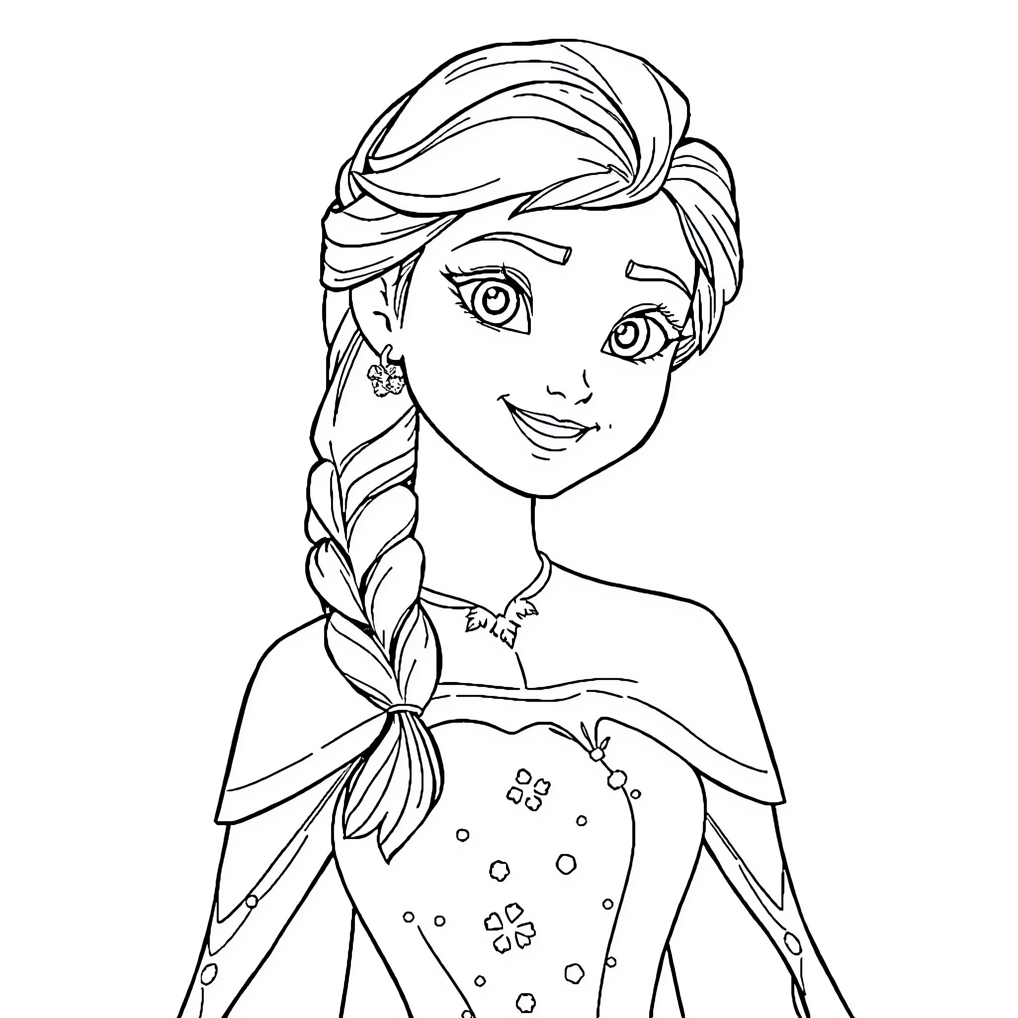 Princess Anna smiling with braided hair Coloring Page (free black-and-white line drawing printable PDF for all, from beginners to advanced learners, including children, teens, adults, and seniors)