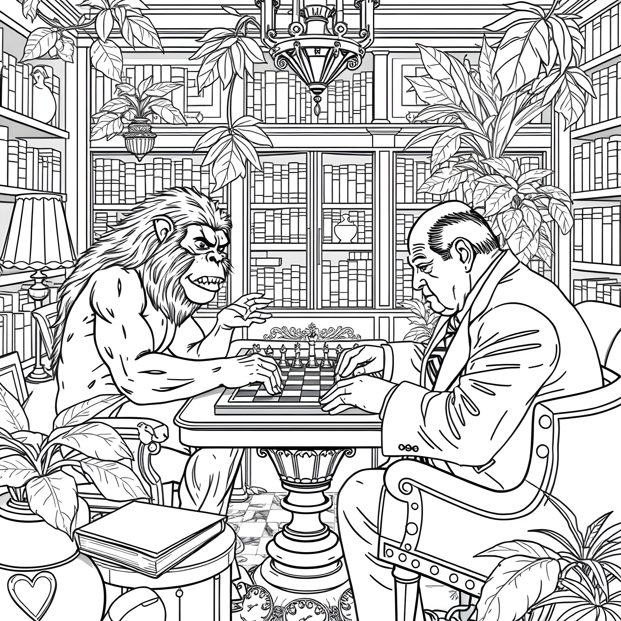 Tarzan plays chess with a gentleman in a lavish library Coloring Page (free black-and-white line drawing printable PDF for all, from beginners to advanced learners, including children, teens, adults, and seniors)