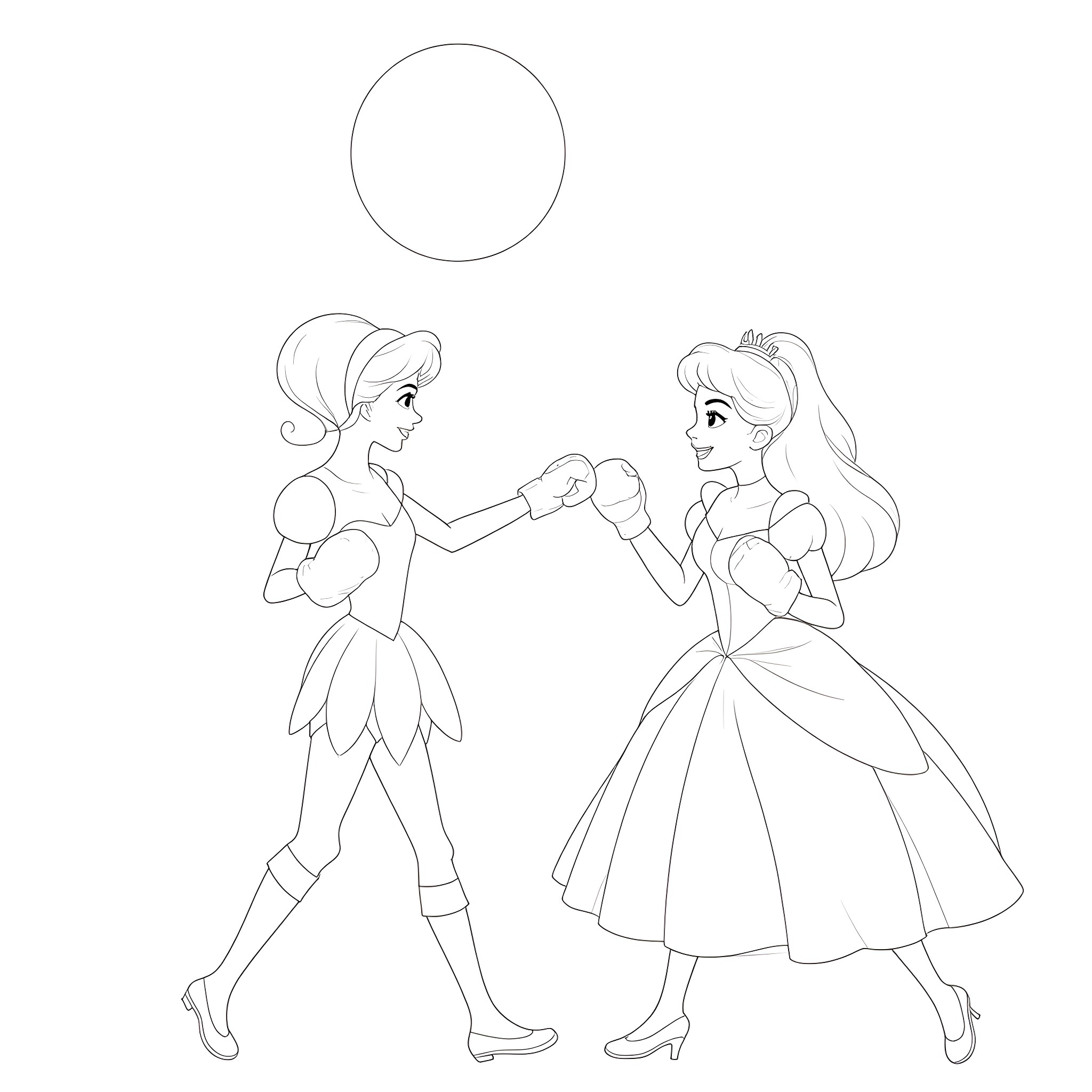 Cinderella dancing with her fairy godmother Coloring Page (free black-and-white line drawing printable PDF for all, from beginners to advanced learners, including children, teens, adults, and seniors)