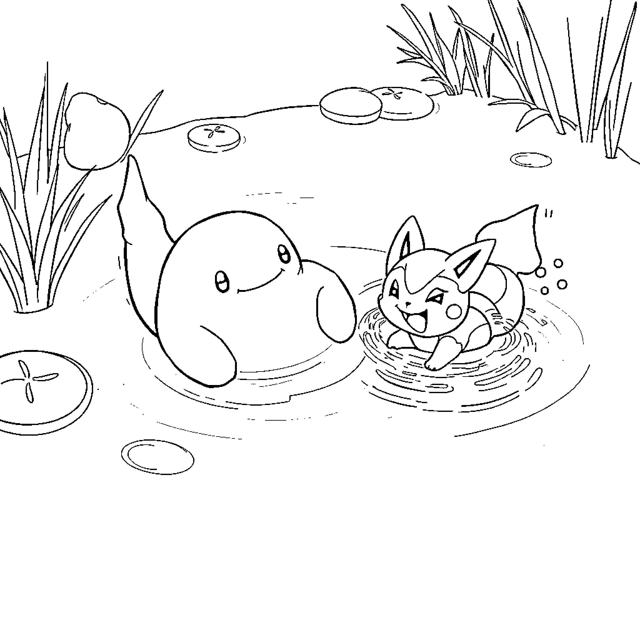 Snorlax relaxing with Pokémon friend in pond Coloring Page (free black-and-white line drawing printable PDF for all, from beginners to advanced learners, including children, teens, adults, and seniors)
