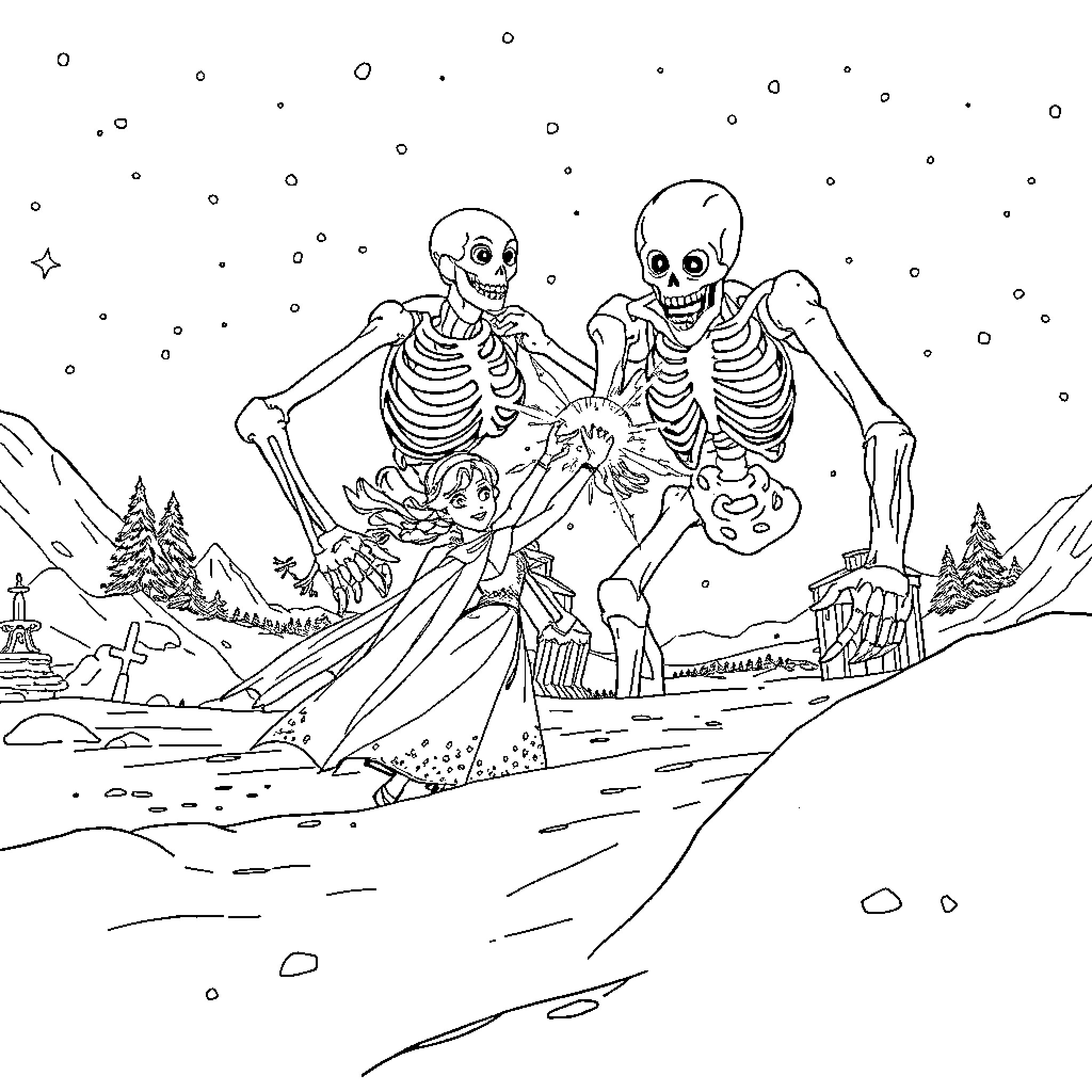 Frozen skeletons in winter wonderland Coloring Page (free black-and-white line drawing printable PDF for all, from beginners to advanced learners, including children, teens, adults, and seniors)