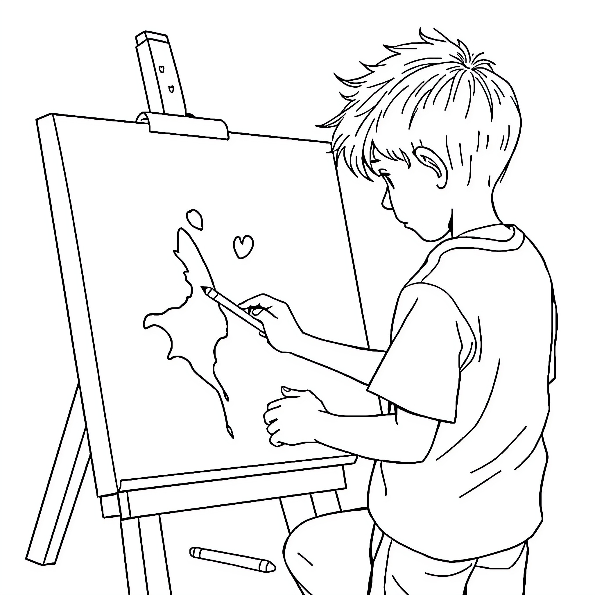Boy Painting Creatively on Easel Coloring Page (free black-and-white line drawing printable PDF for all, from beginners to advanced learners, including children, teens, adults, and seniors)
