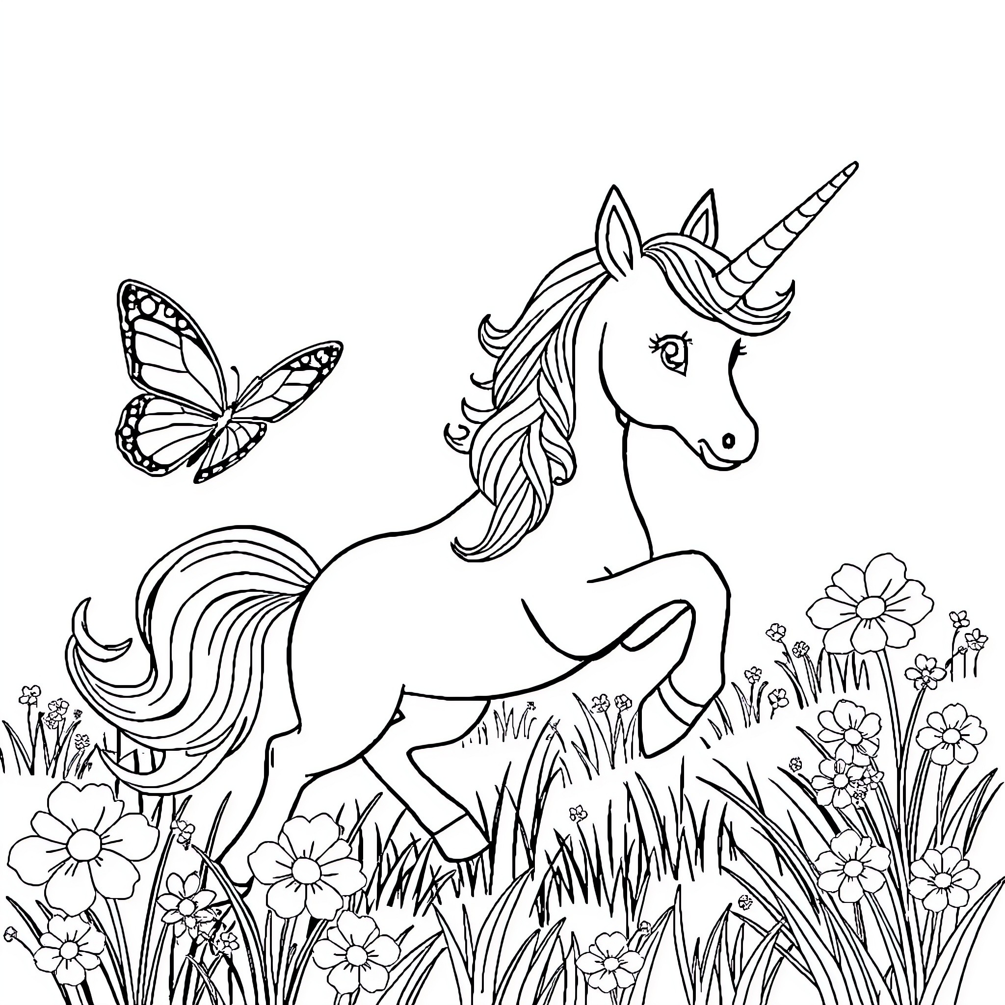 Unicorn frolicking in a magical flower meadow Coloring Page (free black-and-white line drawing printable PDF for all, from beginners to advanced learners, including children, teens, adults, and seniors)