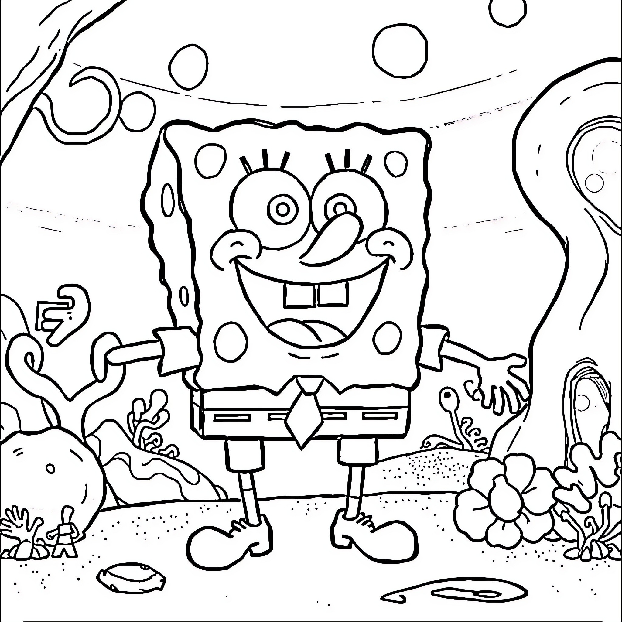 Sponge Bob's Cheerful Underwater Adventure Coloring Page (free black-and-white line drawing printable PDF for all, from beginners to advanced learners, including children, teens, adults, and seniors)
