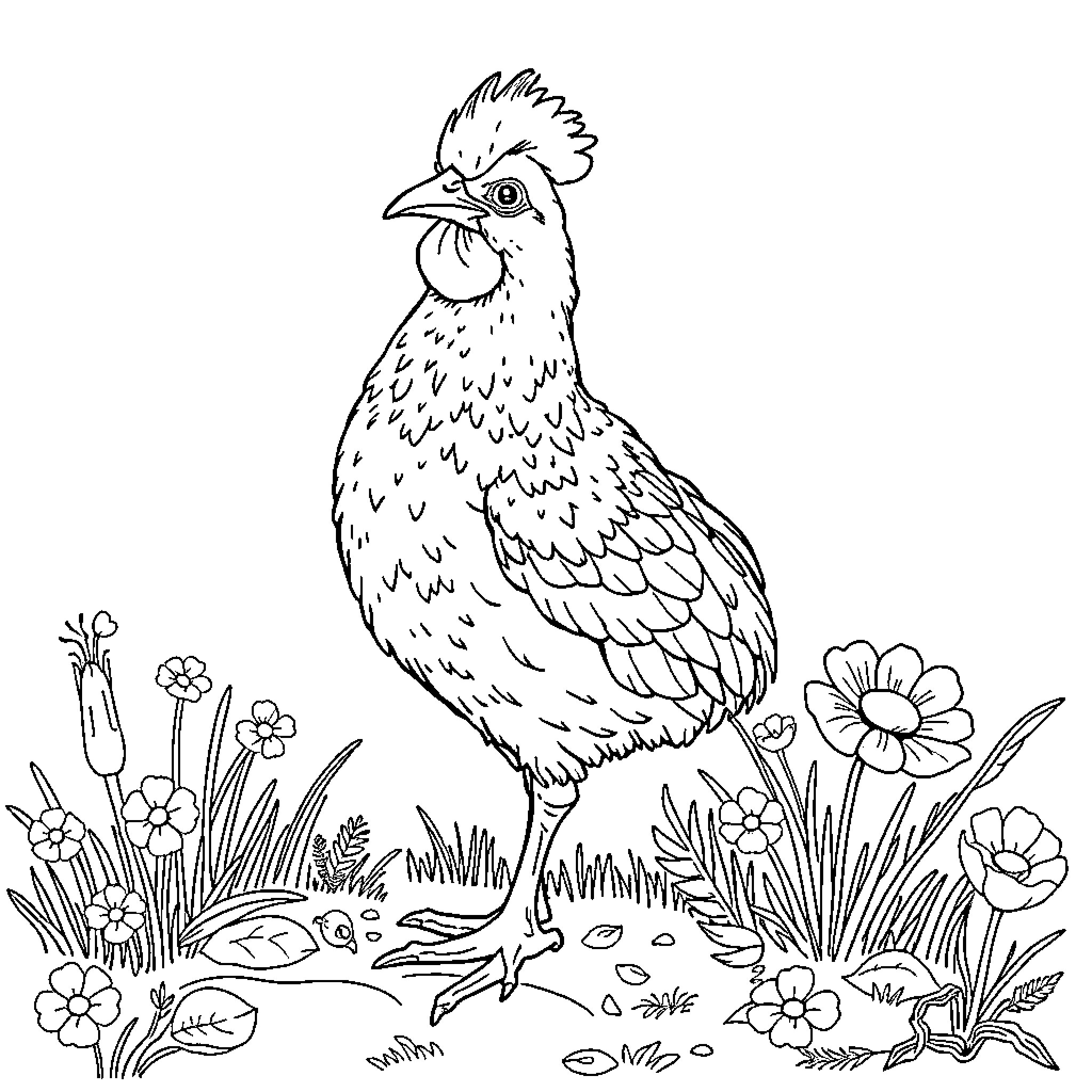 Kip exploring floral garden with curiosity Coloring Page (free black-and-white line drawing printable PDF for all, from beginners to advanced learners, including children, teens, adults, and seniors)