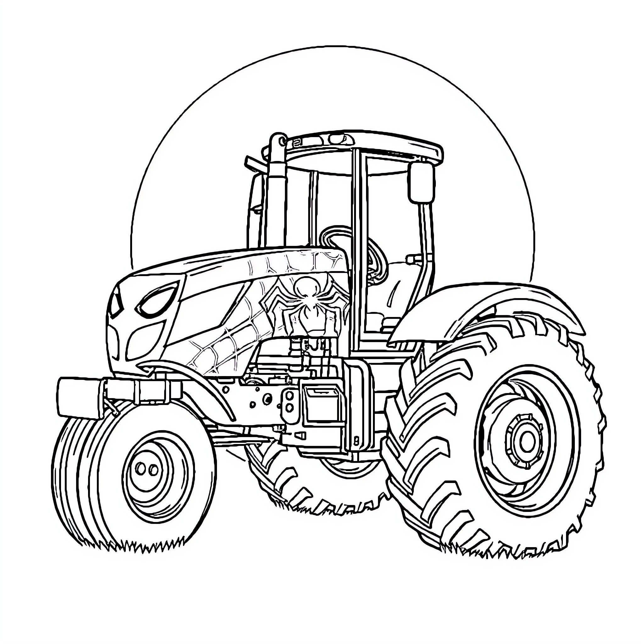 Spider-Man operating a powerful agricultural tractor Coloring Page (free black-and-white line drawing printable PDF for all, from beginners to advanced learners, including children, teens, adults, and seniors)