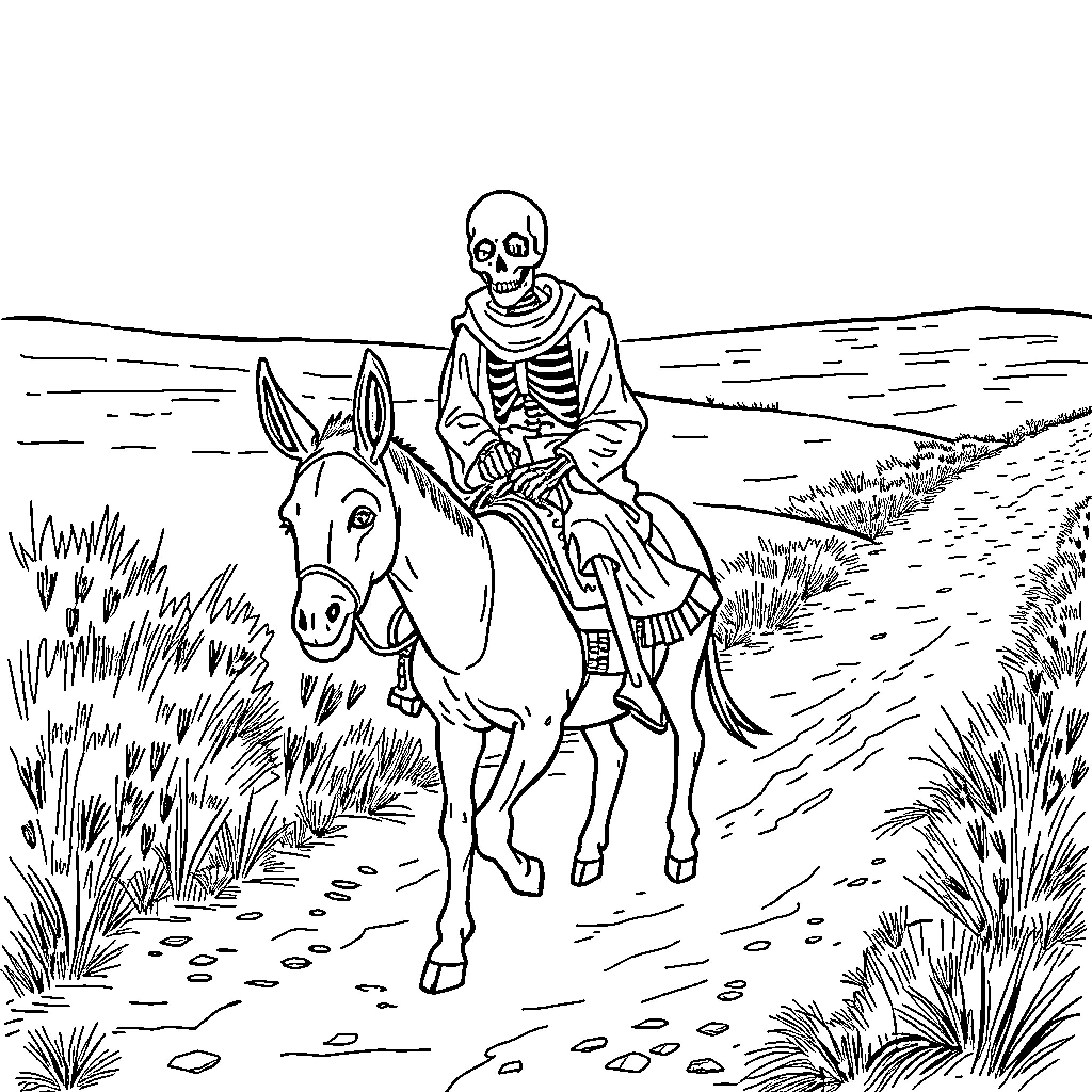 Skeleton riding a donkey through the countryside Coloring Page (free black-and-white line drawing printable PDF for all, from beginners to advanced learners, including children, teens, adults, and seniors)