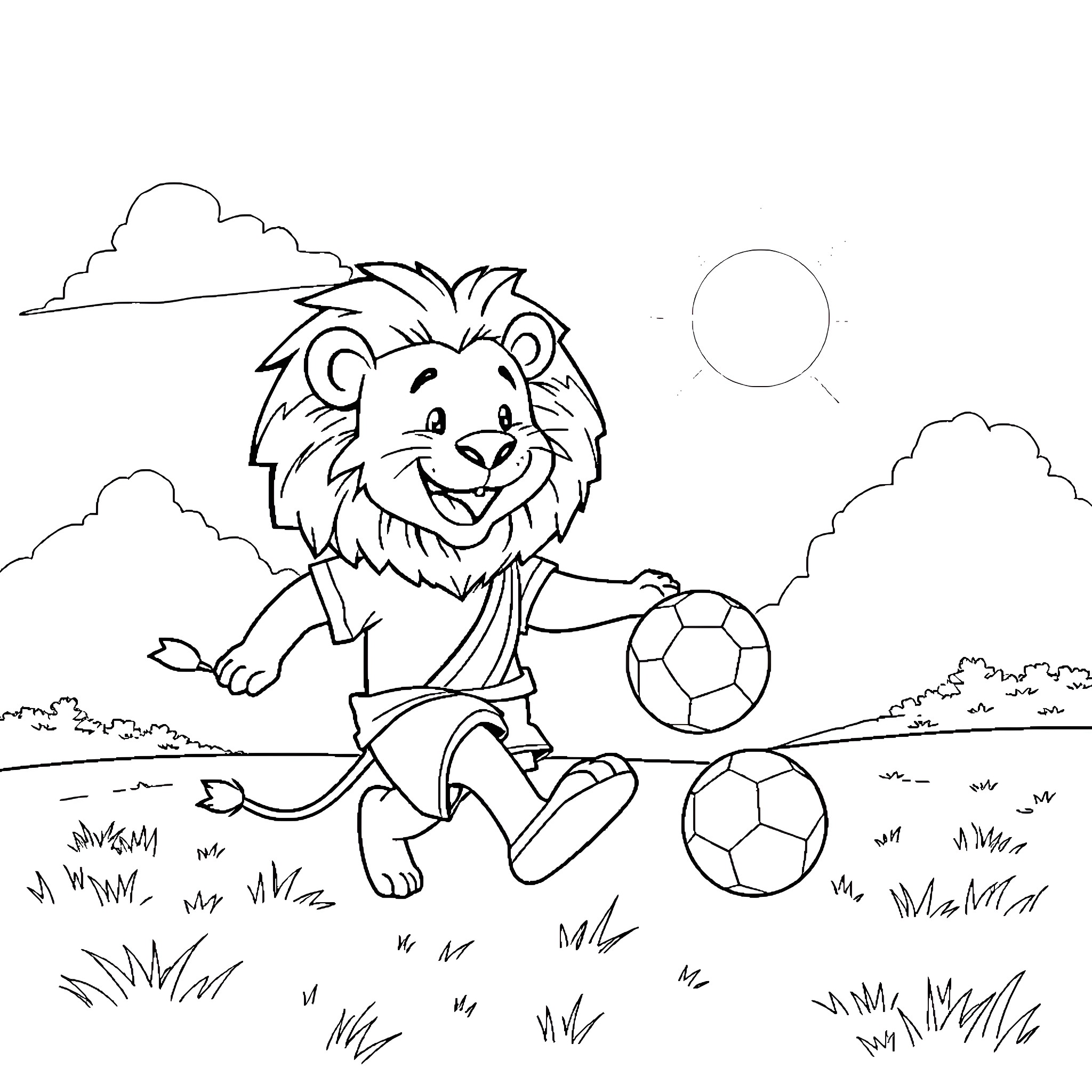 Lion playing happily with soccer balls in the park Coloring Page (free black-and-white line drawing printable PDF for all, from beginners to advanced learners, including children, teens, adults, and seniors)