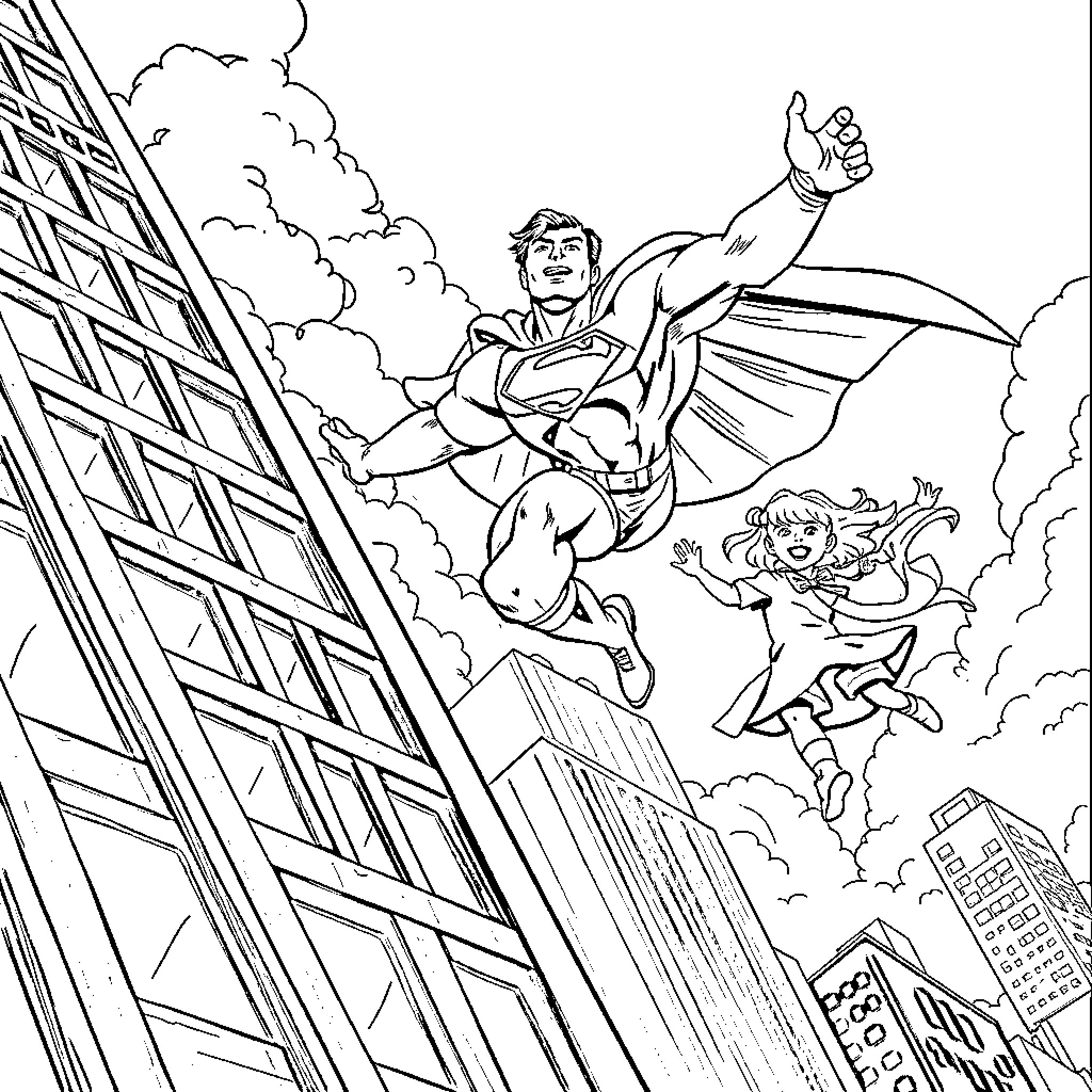 Superman heroically rescues a civilian in the city Coloring Page (free black-and-white line drawing printable PDF for all, from beginners to advanced learners, including children, teens, adults, and seniors)