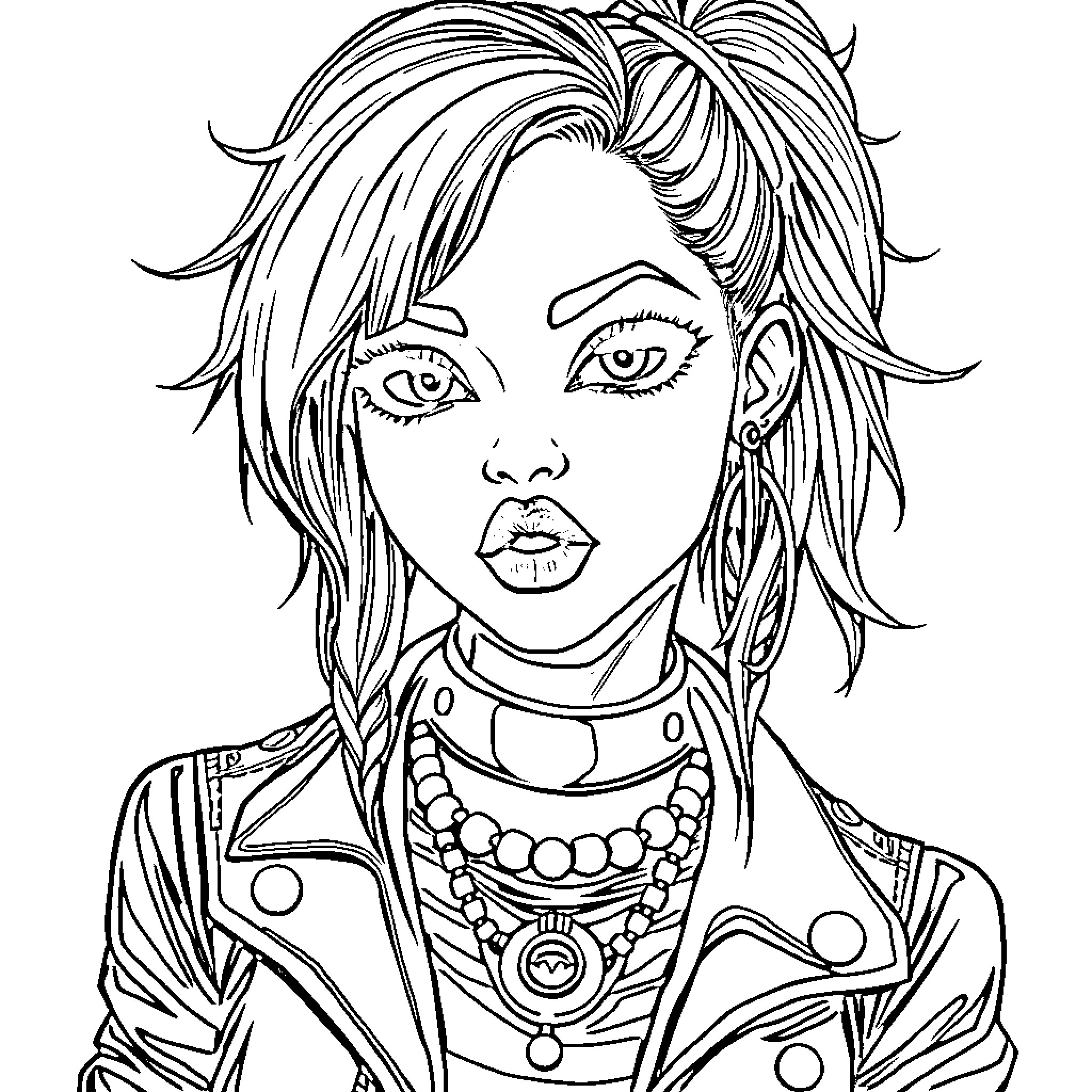 Emo Girl Expressing Defiance and Individualism Coloring Page (free black-and-white line drawing printable PDF for all, from beginners to advanced learners, including children, teens, adults, and seniors)